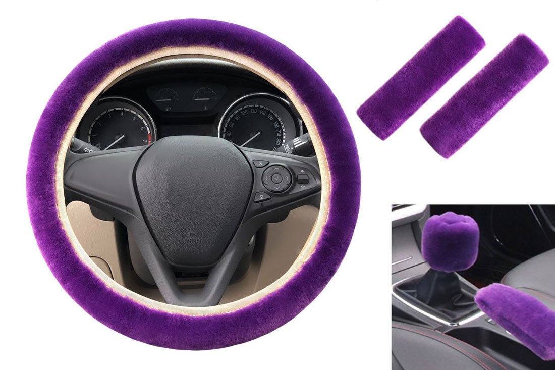 5-Piece Universal Fuzzy Car Steering Wheel Cover Set with Seat Belt Cover, Hand Brake Cover & Gear Shift Cover - Anti-Slip Winter Faux Wool Car Interior Accessories (Purple) - Perfect for Cold Weather Driving & Car Interior Protection