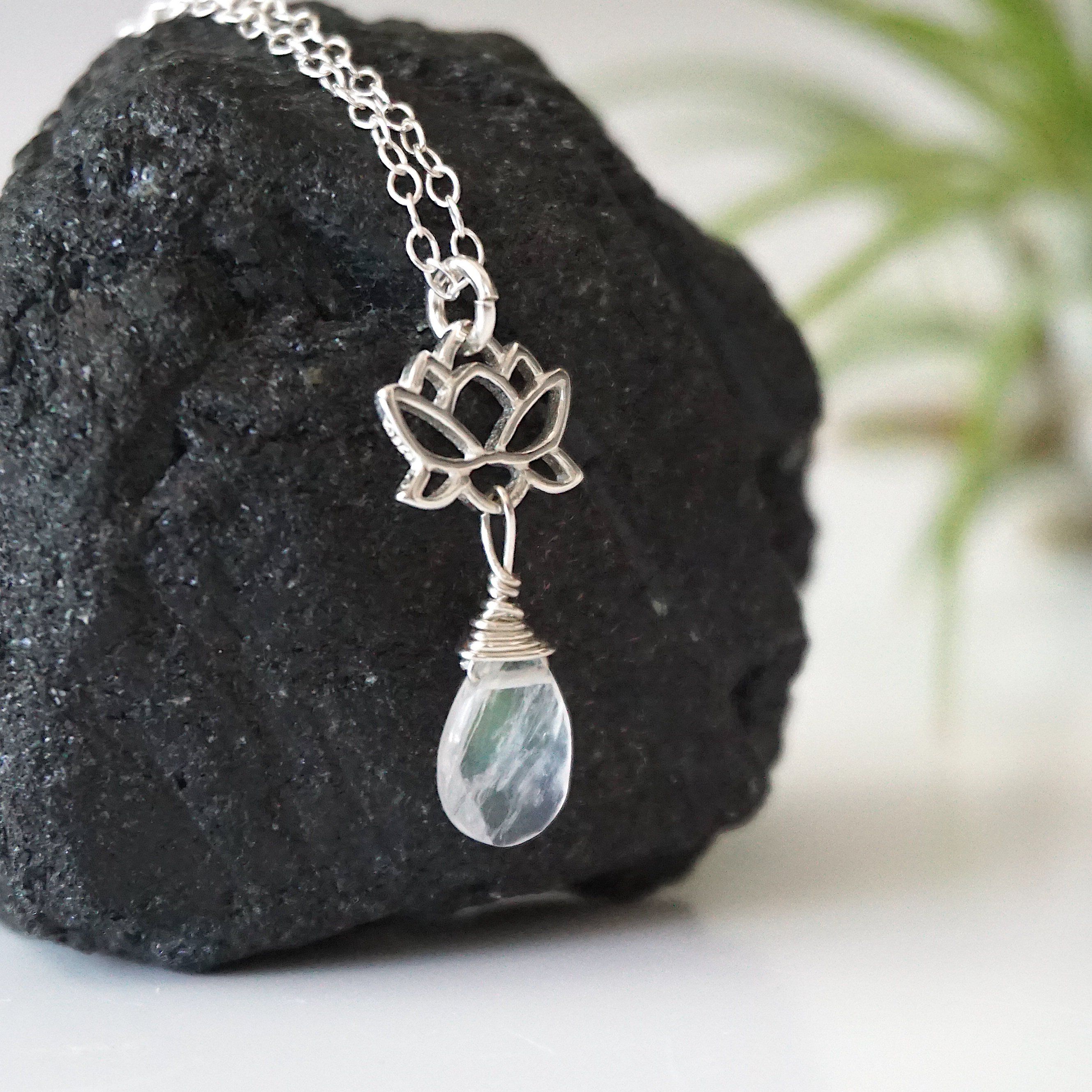 Rainbow Moonstone Sterling Silver Lotus Charm Drop Necklace - Elegant Boho Jewelry for Women, Perfect for Weddings, Parties & Everyday Wear