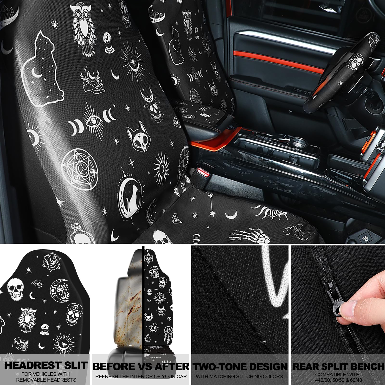 Estune 19-Piece Gothic Skull Cat Moon Car Seat Covers Set - Steering Wheel Cover, Headrest, Armrest, Belt & Cup Holder Accessories for SUV - Perfect for Halloween & Gothic Car Decor