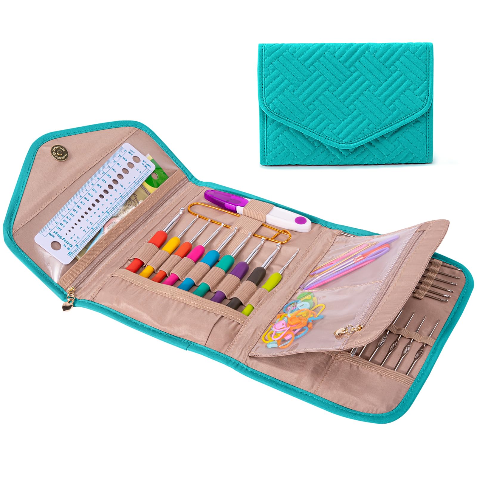 Foldable Crochet Hook Organizer Case - Portable Knitting Needle Holder for Crochet & Knitting Supplies - Empty Teal Storage Pouch for Hooks, Needles & Yarn Accessories - Perfect for Travel, Crafting & Home Organization