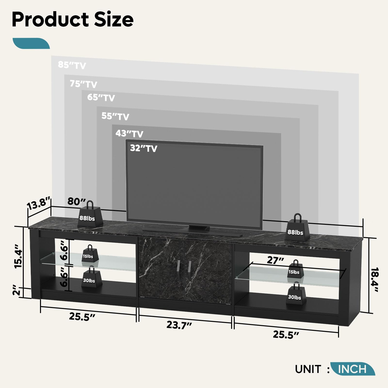 Bestier 80 Inch TV Stand for 75-86 Inch TVs with Storage Cabinet & Adjustable Glass Shelves - Modern Entertainment Center for Living Room & Bedroom - Compatible with PS5, Gaming Consoles & LED TVs - Black Marble Finish for Stylish Home Decor