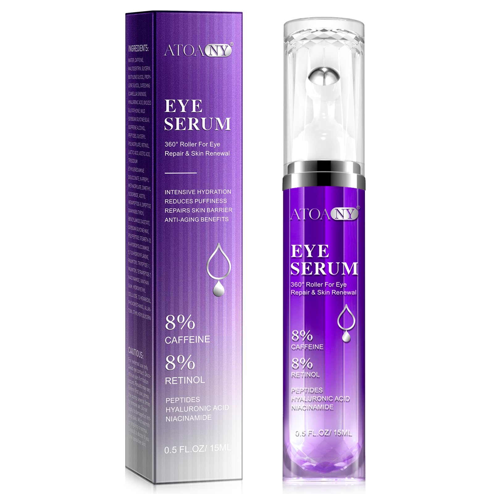 **Dark Circle & Puffy Eye Treatment Serum - 8% Caffeine, Retinol, Hyaluronic Acid, Niacinamide & Peptides - Anti-Aging Eye Cream for Fine Lines & Wrinkles - Includes 360° Eye Roller Massage Ball (0.5 fl. oz) - Perfect for Morning & Night Skincare Routine**