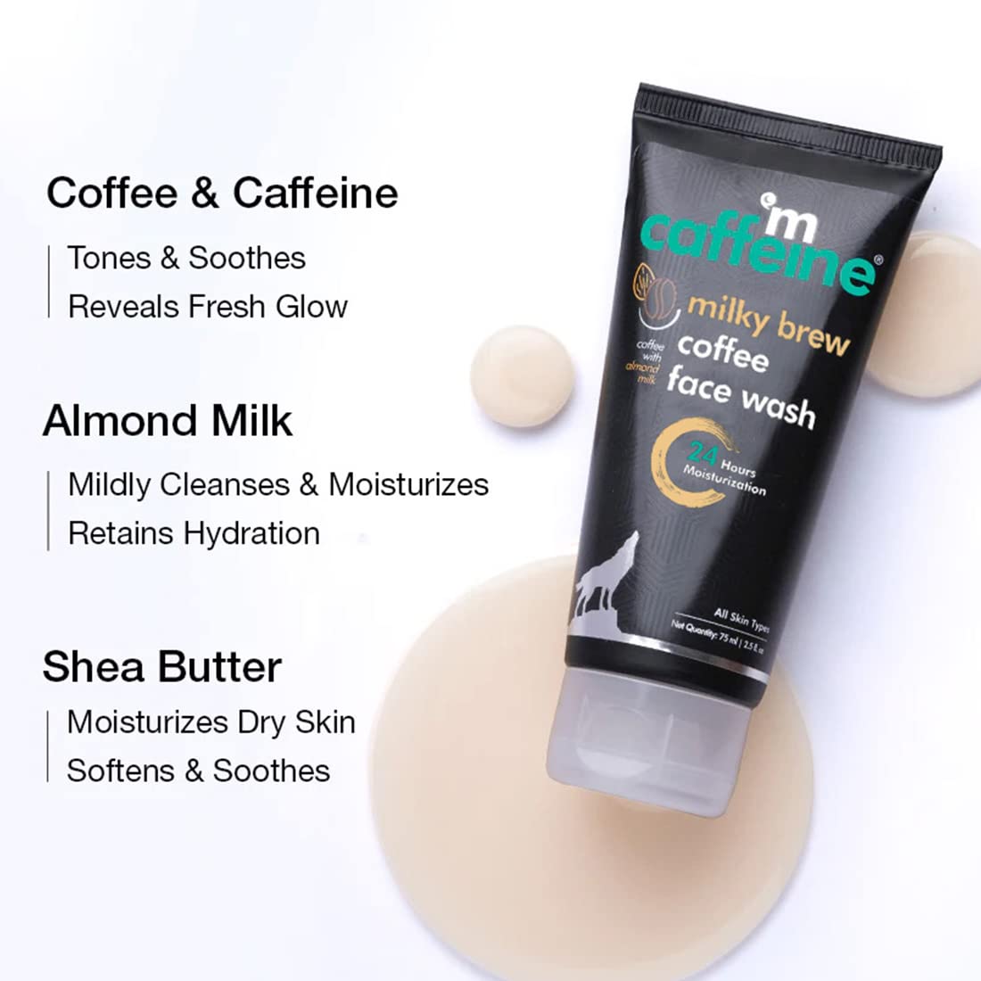 mCaffeine Milk & Coffee Face Wash for Dry Skin - Almond Milk & Shea Butter Cleanser for Men & Women | 100% Vegan, Natural Daily Face Wash (75 ml) | Perfect for Morning & Night Skincare Routine