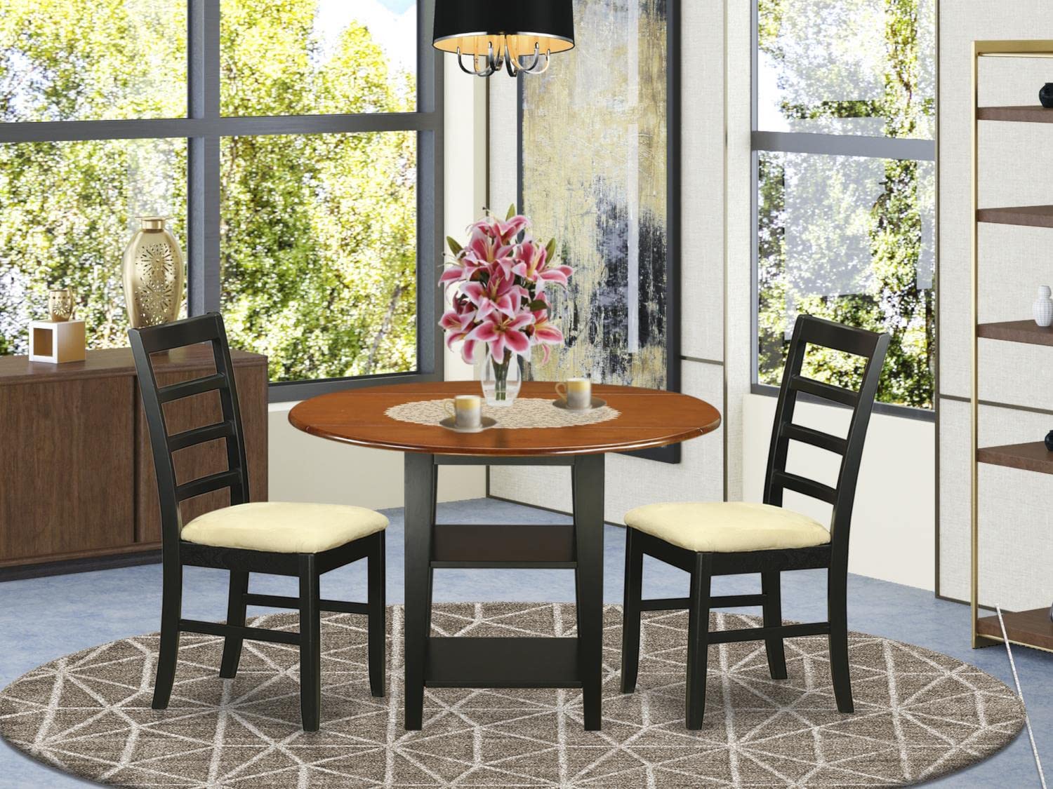 East West Furniture SUPF3-BCH-C 3-Piece Round Dining Table Set with Drop Leaf & Storage Shelves - 42x42 Inch Black & Cherry Kitchen Table with 2 Linen Upholstered Chairs - Perfect for Small Spaces, Breakfast Nooks & Cozy Dining Areas