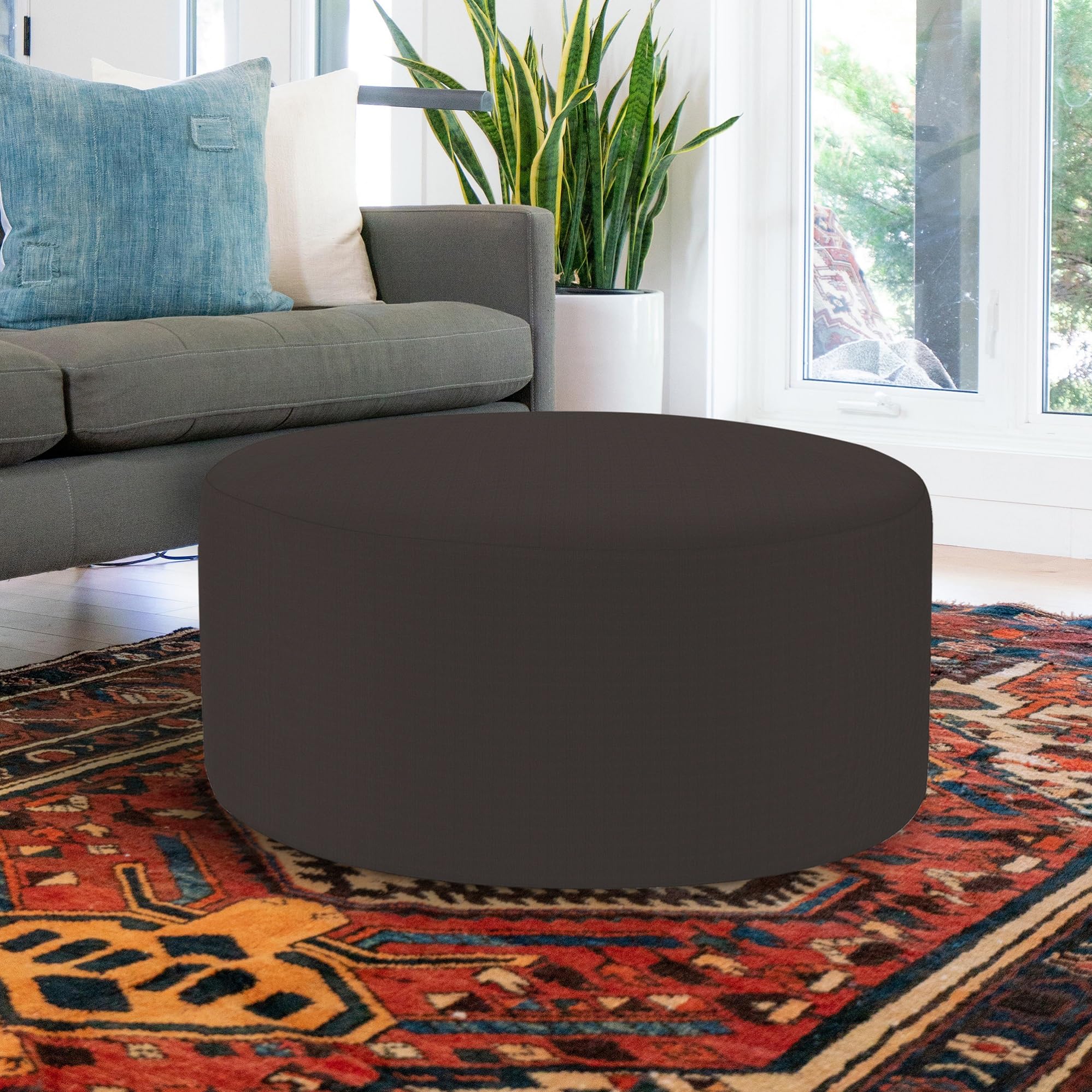 Howard Elliott 36 Inch Round Ottoman with Removable Cover - Multipurpose Padded Footrest, Side Table & Extra Seating for Living Room, Office, Bedroom - Seascape Charcoal - Perfect for Relaxing, Decorating & Extra Storage