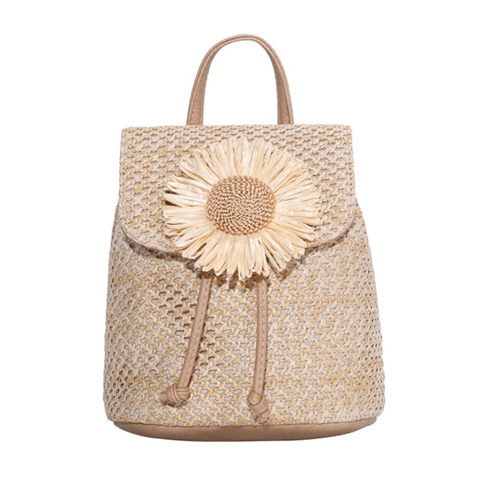 AIZHIYI Women's Straw Bucket Backpack - Summer Beach Bag, Boho Flower Travel Backpack, Casual School Bag for Women (Khaki) | Perfect for Beach Vacations, Picnics, Shopping & Campus Life