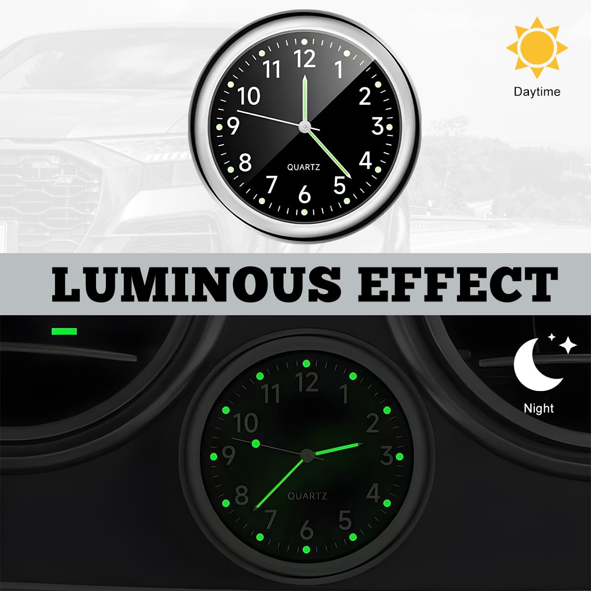 2 Pack Mini Round Luminous Car Dashboard Clock - Self-Adhesive Vent Mount, Universal Auto Accessory (Black & White) | Perfect for Night Driving, Road Trips & Vehicle Interior Decoration