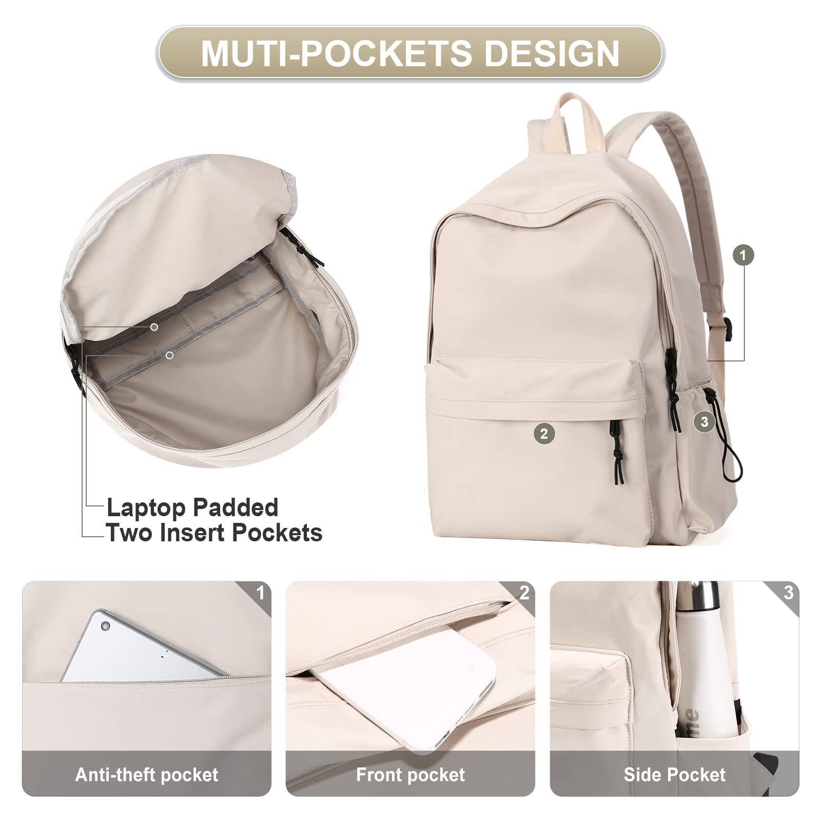 PAUBACK Lightweight Water Resistant School Backpack for Teens - Beige Book Bag for Middle & High School Students, Durable Daypack for Boys & Girls | Perfect for School, Travel & Daily Use