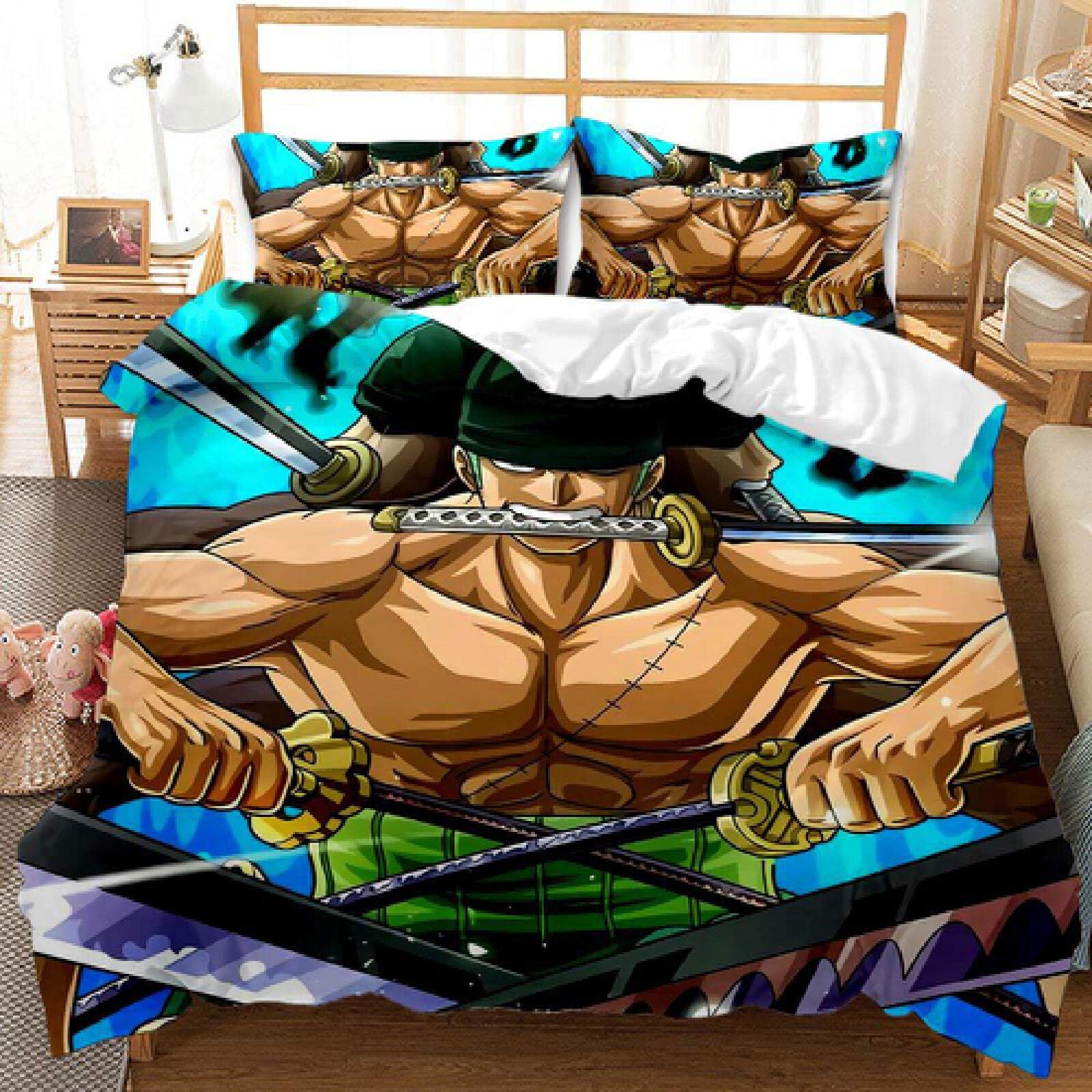 One Piece Anime Luffy Zoro Queen Size Bedding Set - 3 Piece Duvet Cover with 2 Pillowcases (68x86 inches) for Kids & Teens - Perfect for Anime Themed Bedrooms & Sleepovers