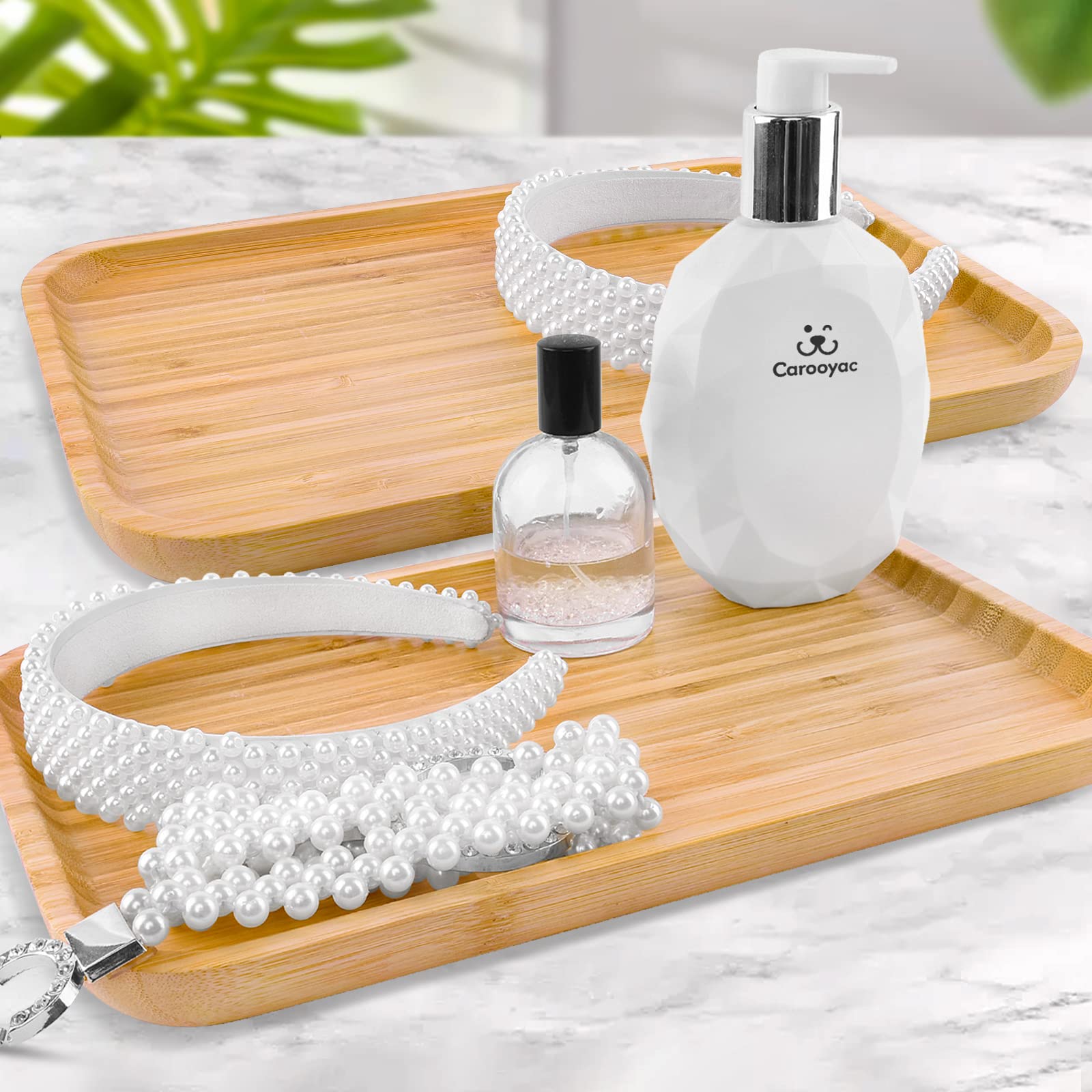 2PCS Bamboo Bathroom Tray Set - Decorative Wood Vanity Tray for Countertop, Jewelry, Perfume & Soap Storage | Small Bath Organizer for Dresser, Coffee & Kitchen Use | Perfect for Spa, Home Decor & Gift Ideas