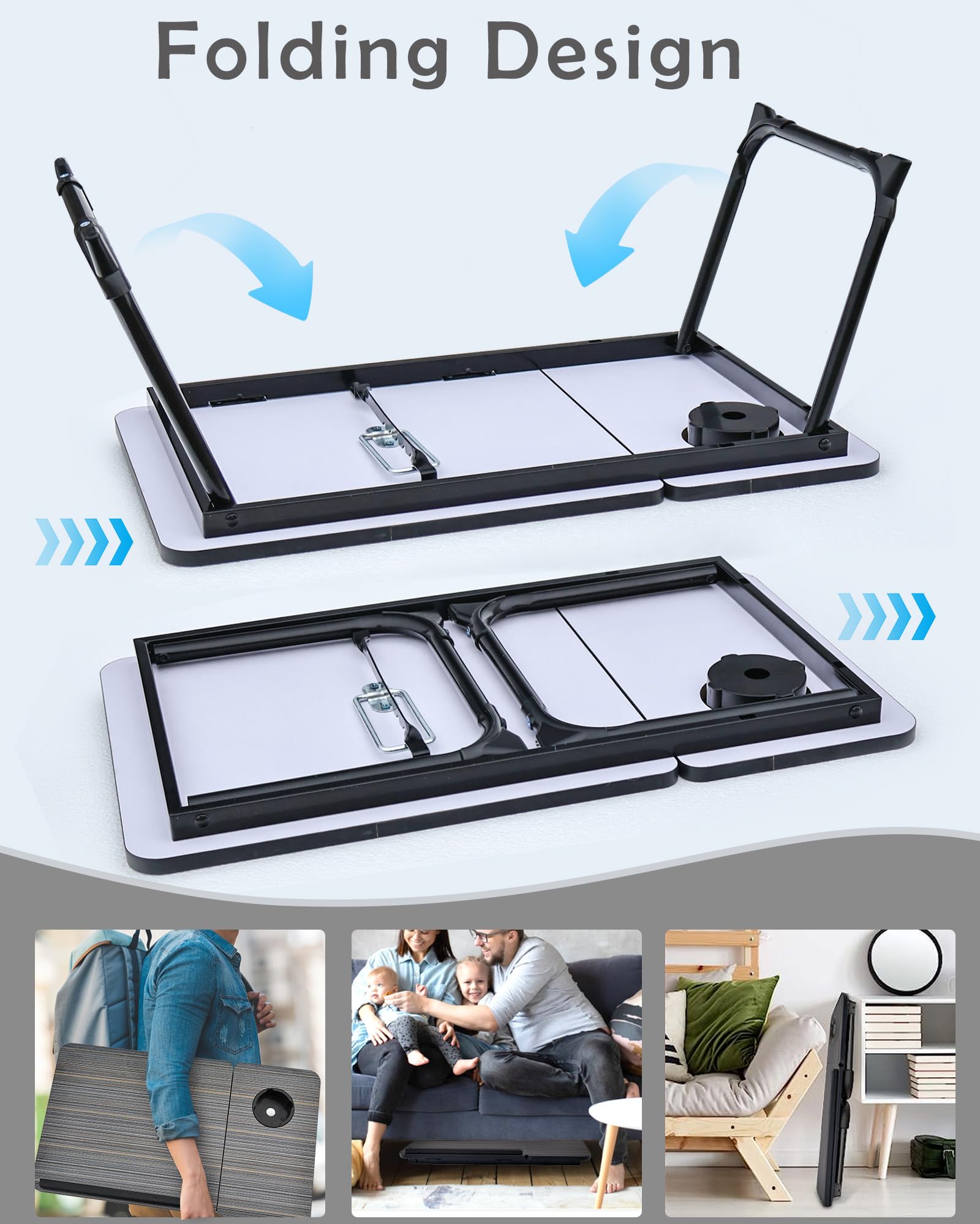 Adjustable Laptop Desk for Bed & Couch - Foldable Portable Lap Desk with Cup Holder, Breakfast Tray & Bed Table for Writing, Eating, Working - Perfect for Home Office, Dorm Room & Sofa Use (Black)