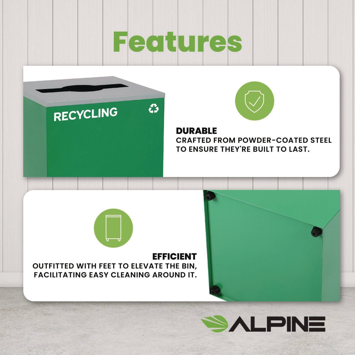 Alpine Industries 29 Gallon Steel Trash & Recycling Bin with Mixed Lid - Heavy Duty Green Waste Container for Kitchen, Office & Outdoor Use