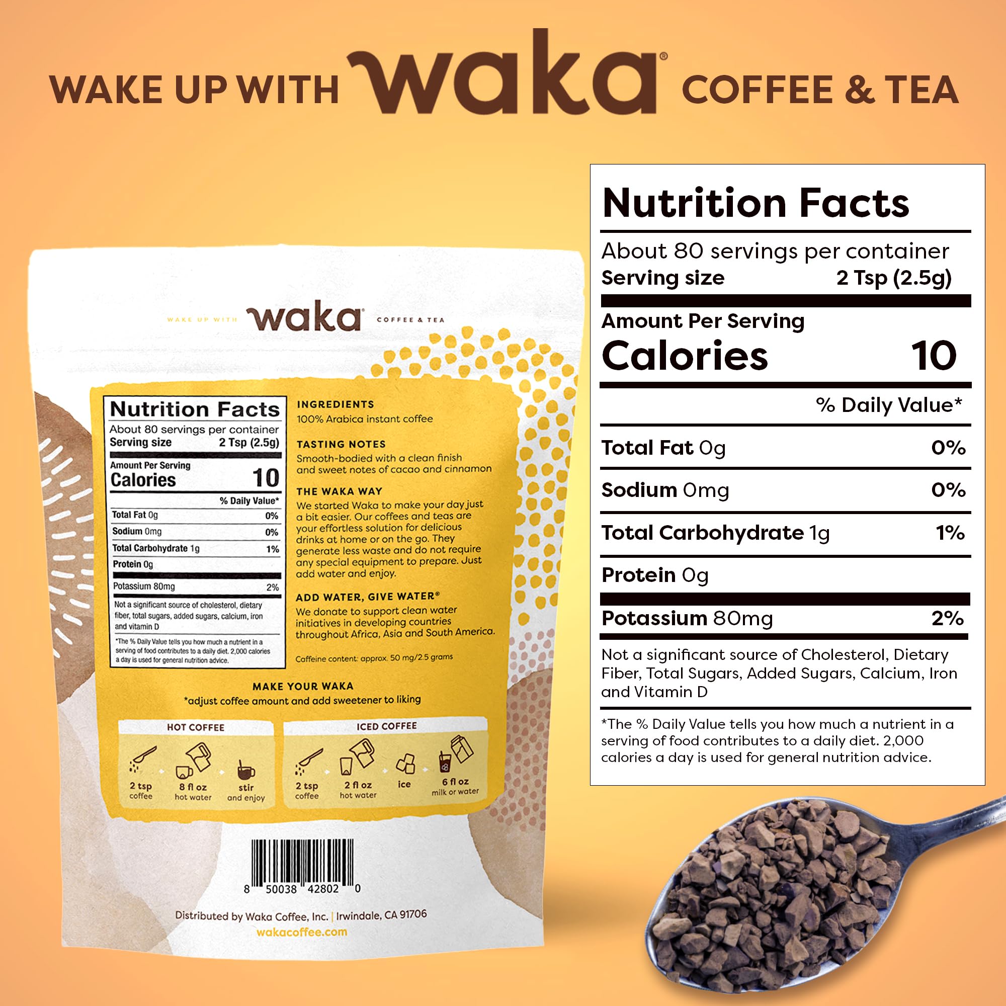 Premium Waka Instant Coffee - 100% Arabica Freeze-Dried Granules, No Sugar or Additives - House Roast for Hot & Iced Coffee - Bulk 80 Cup Supply (8oz) - Perfect for Office, Camping & Travel