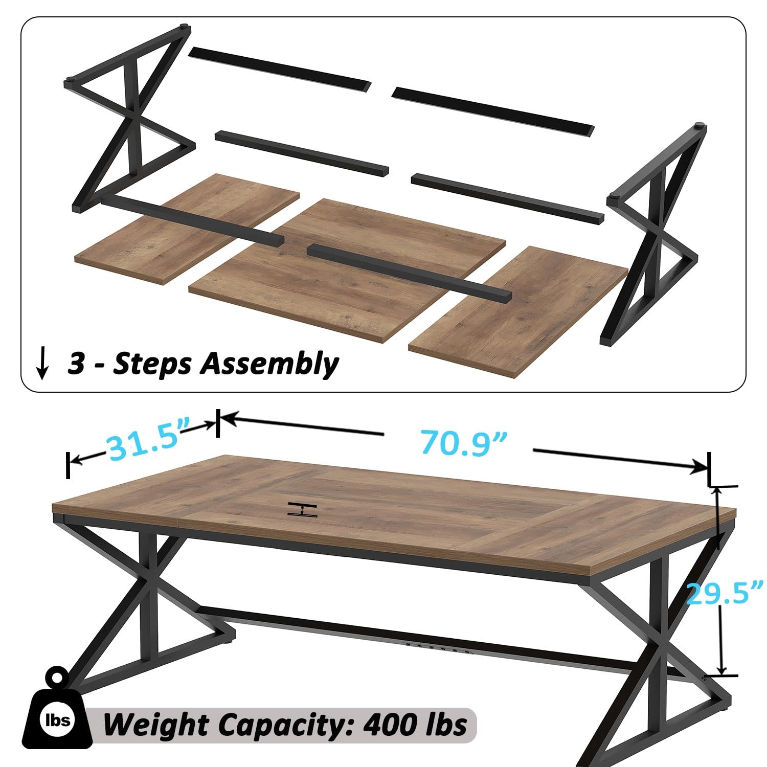 Rustic Large Computer Desk 70 Inch - Industrial Extra Long Home Office Desk, Wood PC Writing Work Study Table, Farmhouse Workstation Gaming Executive Desk for Two Person (Rustic Oak) - Perfect for Home Office, Study Room & Gaming Setup