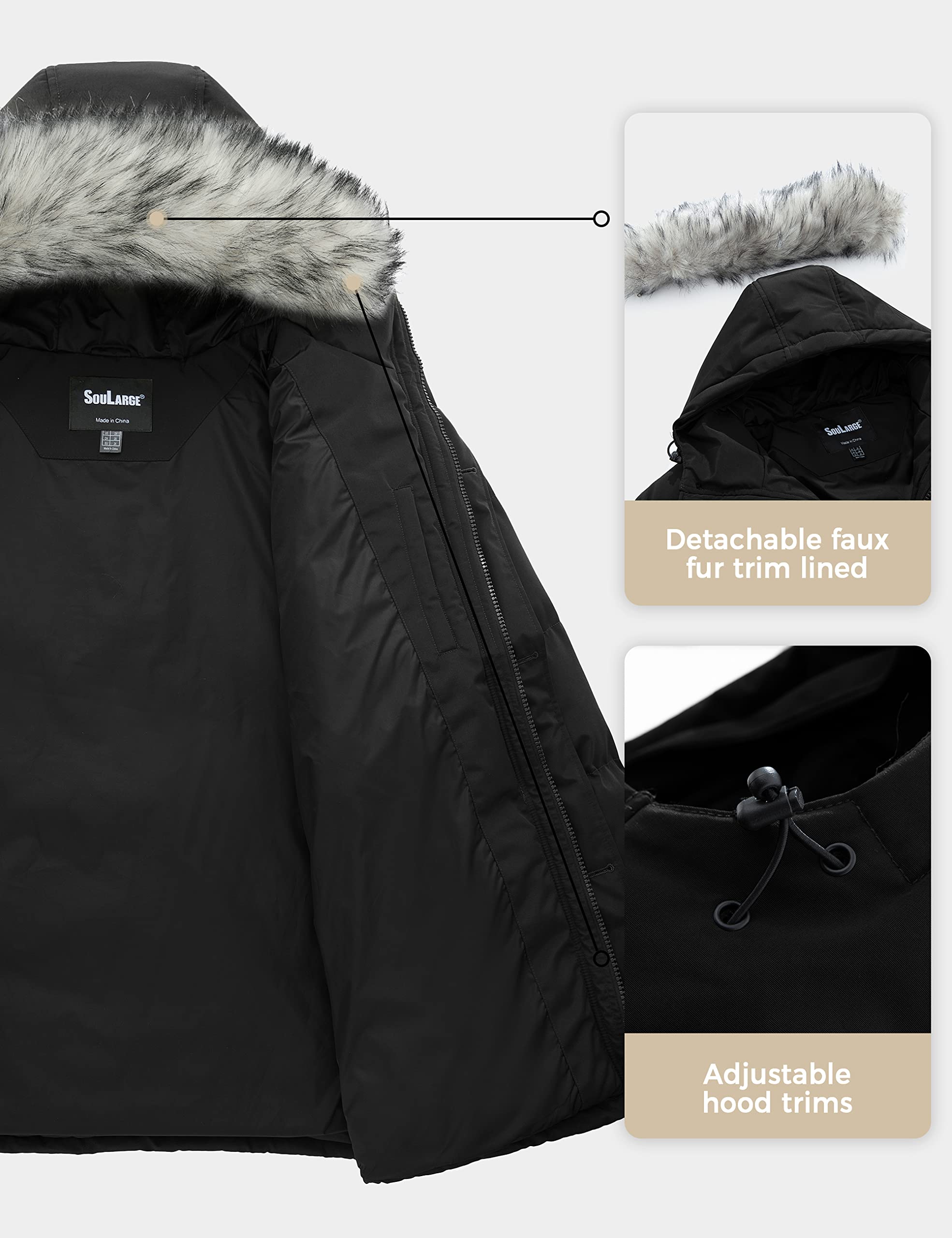 Soularge Men's Big and Tall Thick Padded Winter Parka Coat with Removable Hood - Warm Windproof Jacket for Outdoor Activities, Snow Sports, and Cold Weather Protection