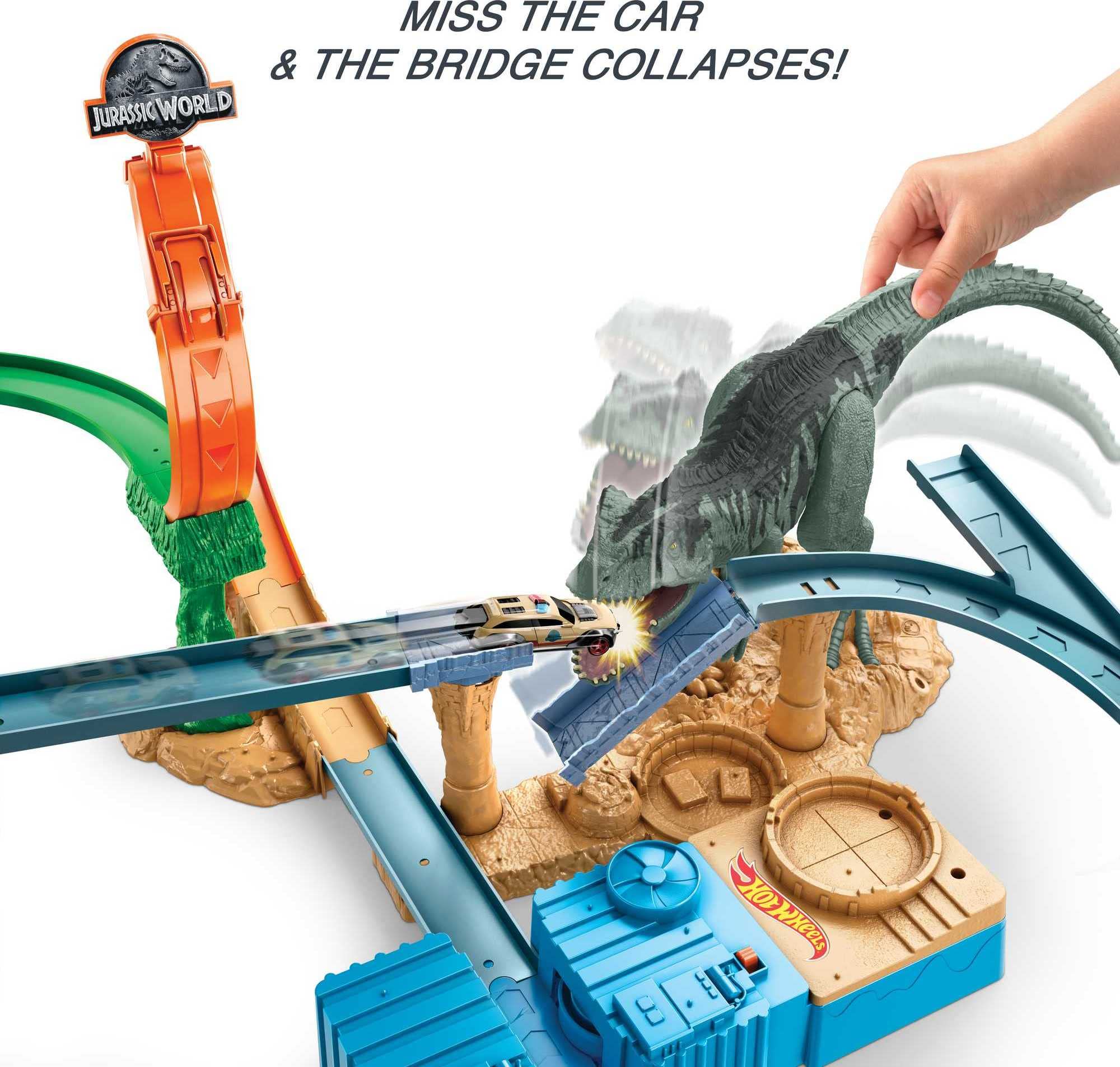 Hot Wheels Jurassic World Dominion Toy Cars & Track Set - Motorized Clash 'n Crash Playset with T-Rex Dinosaur, Booster & 1:64 Scale Die-Cast Car for Kids - Dinosaur Battle Racing Game for Birthday Gifts & Indoor Play