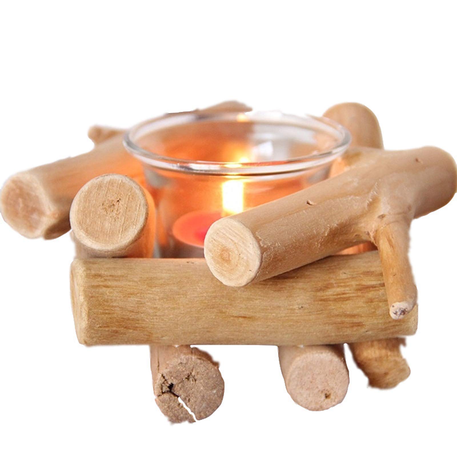 SUFUBAI Wooden Tea Light Candle Holder with Glass Cup - Natural Driftwood Candlestick for Home, Wedding, Party Decor - Romantic Ambiance for Dining Table, Bathroom, Bedroom, Outdoor Events