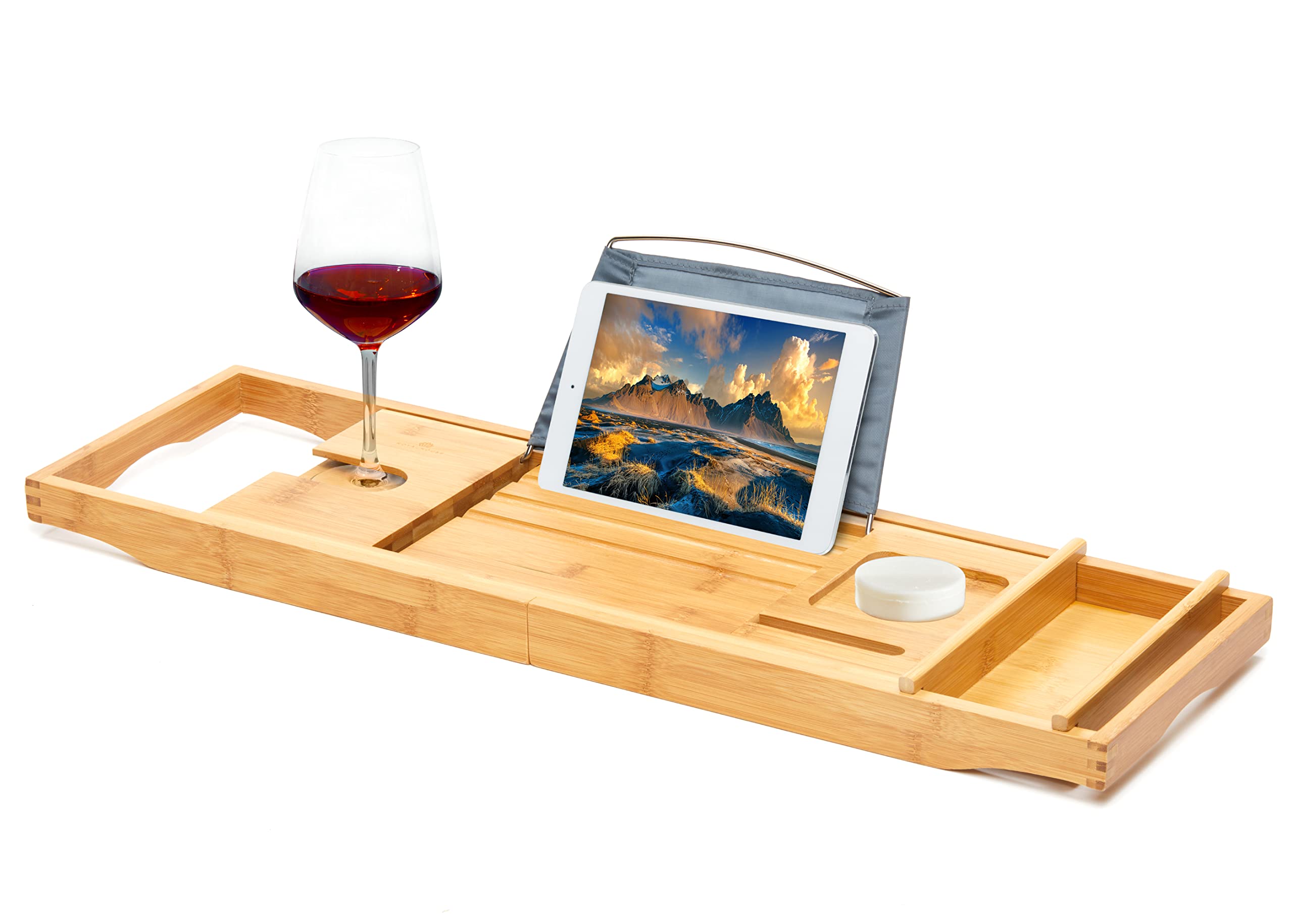 RoyalHouse Expandable Bamboo Bathtub Caddy Tray - Adjustable Bath Table Organizer with Wine Glass & Book Holder - Perfect for Relaxing Baths, Spa Days & Gift Giving (Phone Stand Included)