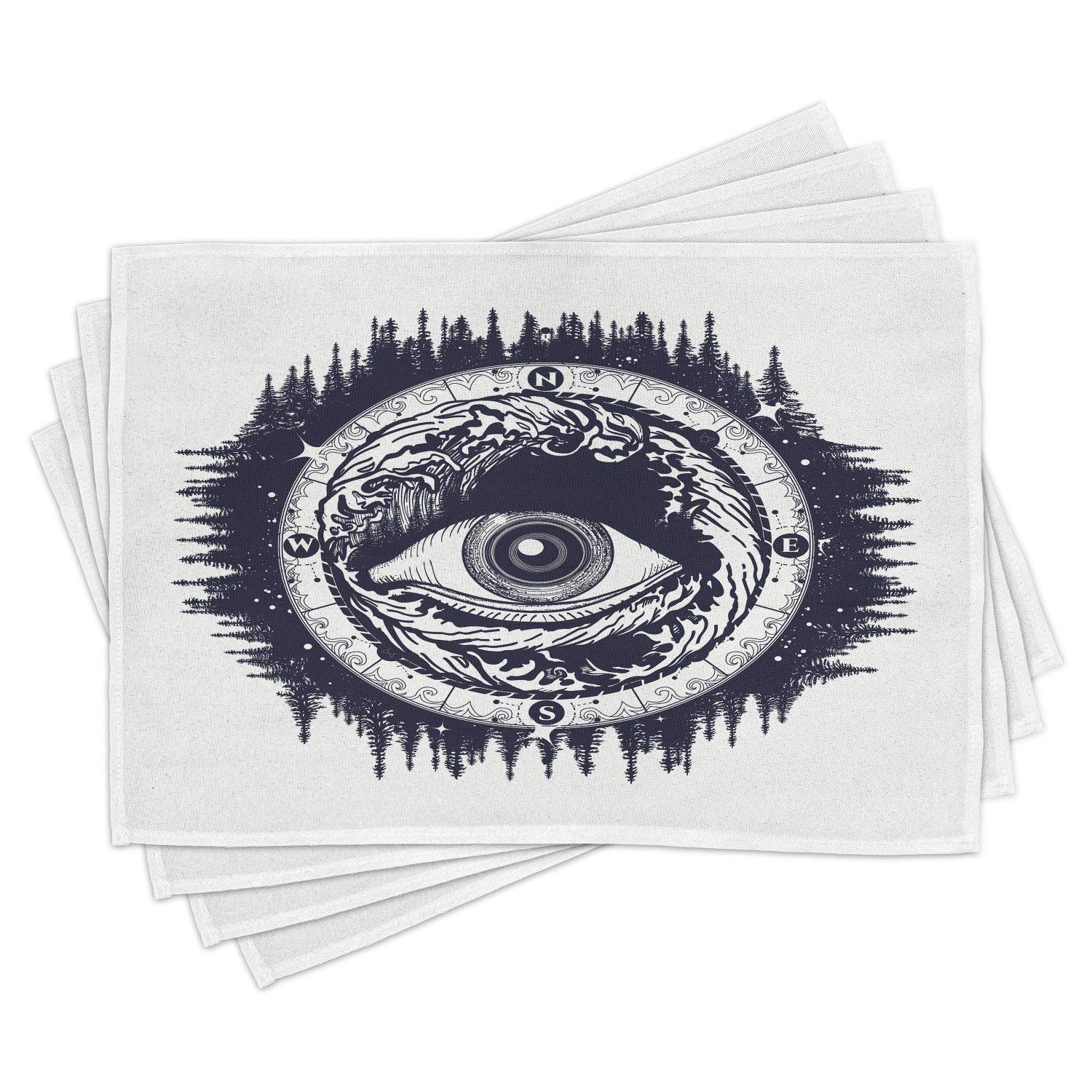 Ambesonne Compass Place Mats Set of 4 - All Seeing Eye Compass with Windorse Art, Wild Nature Mountains Design - Washable Fabric Dining Table Mats (Standard Size, Dark Blue & White) - Perfect for Outdoor Picnics, Camping Trips & Rustic Home Decor