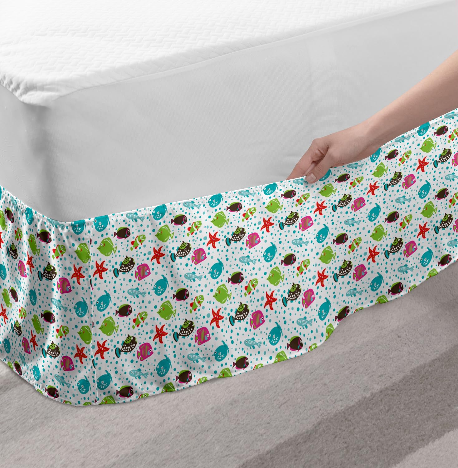 Ambesonne Underwater Bedskirt - Doodle Fish, Starfish & Coral Reef Design, Elastic Wrap Around Bed Skirt for King Size Beds, Colorful Ocean Theme Bedroom Decor | Perfect for Beach House, Kids Room or Coastal Style Bedroom