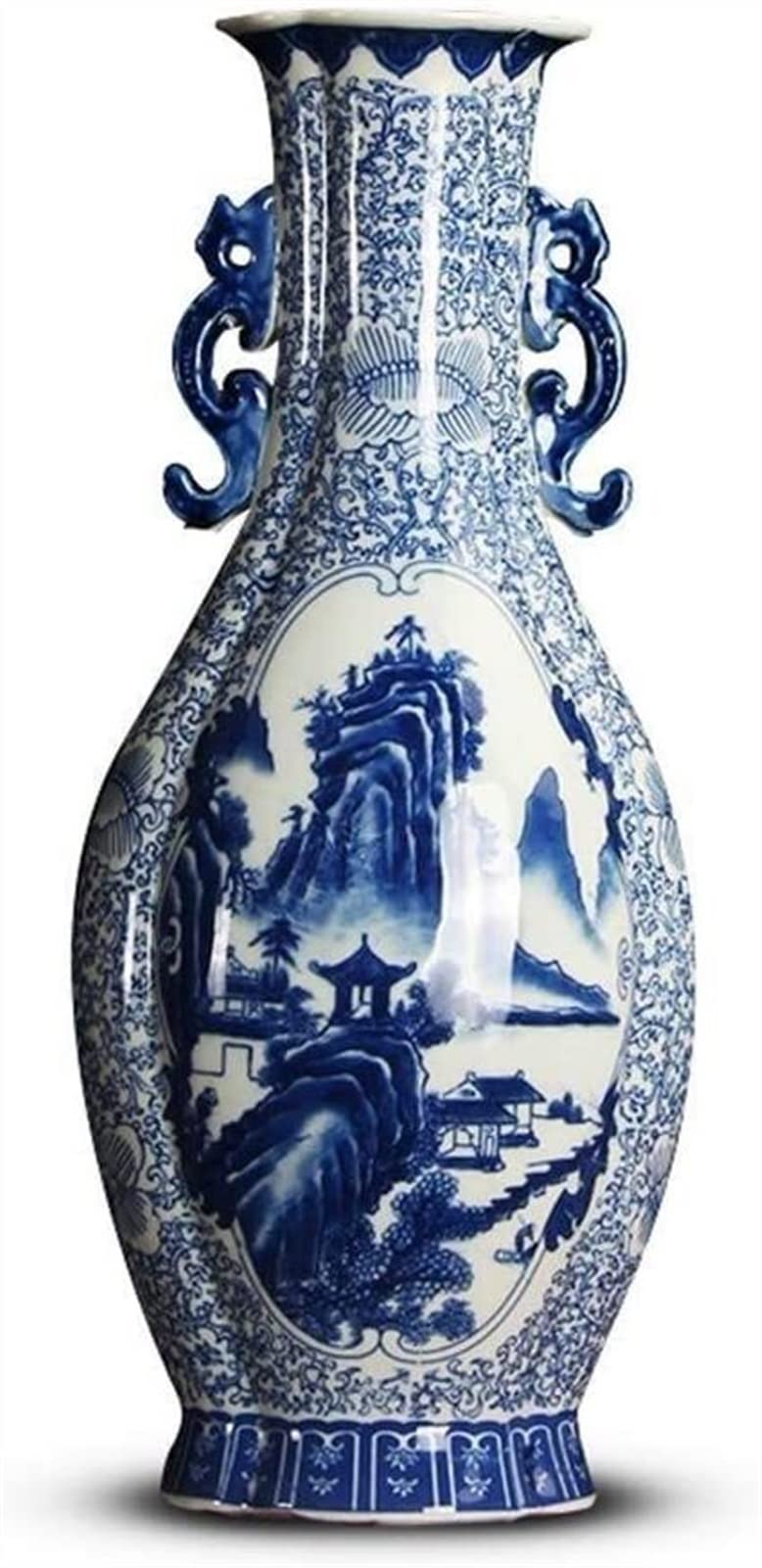 复古风景蓝白陶瓷花瓶 古董收藏级手工艺品 古典花器 家居装饰摆件 适用于客厅、书房、卧室装饰