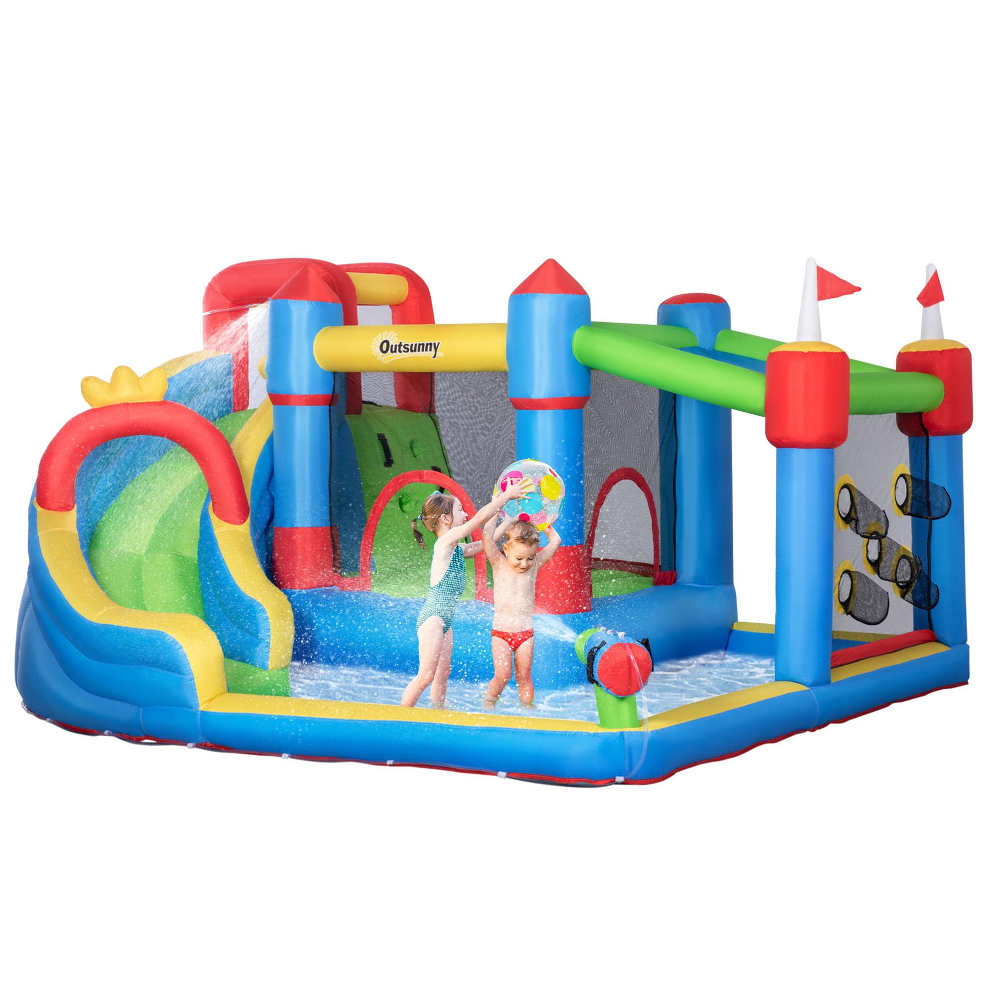 Outsunny 6-in-1 Inflatable Bounce House with Slide, Climbing Wall & Water Cannon - Kids Outdoor Water Play Set - Fast 2-Minute Inflation - Perfect for Backyard Parties, Summer Fun & Birthday Celebrations