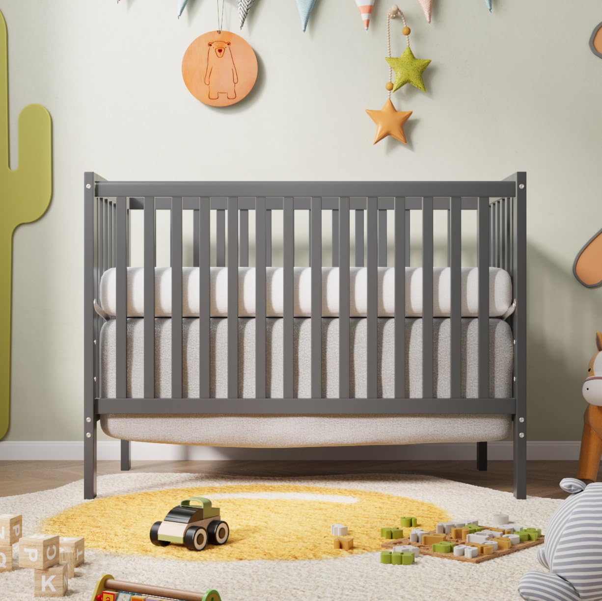 5-in-1 Convertible Baby Crib - Mini Crib to Toddler Bed for Small Spaces (Gray)