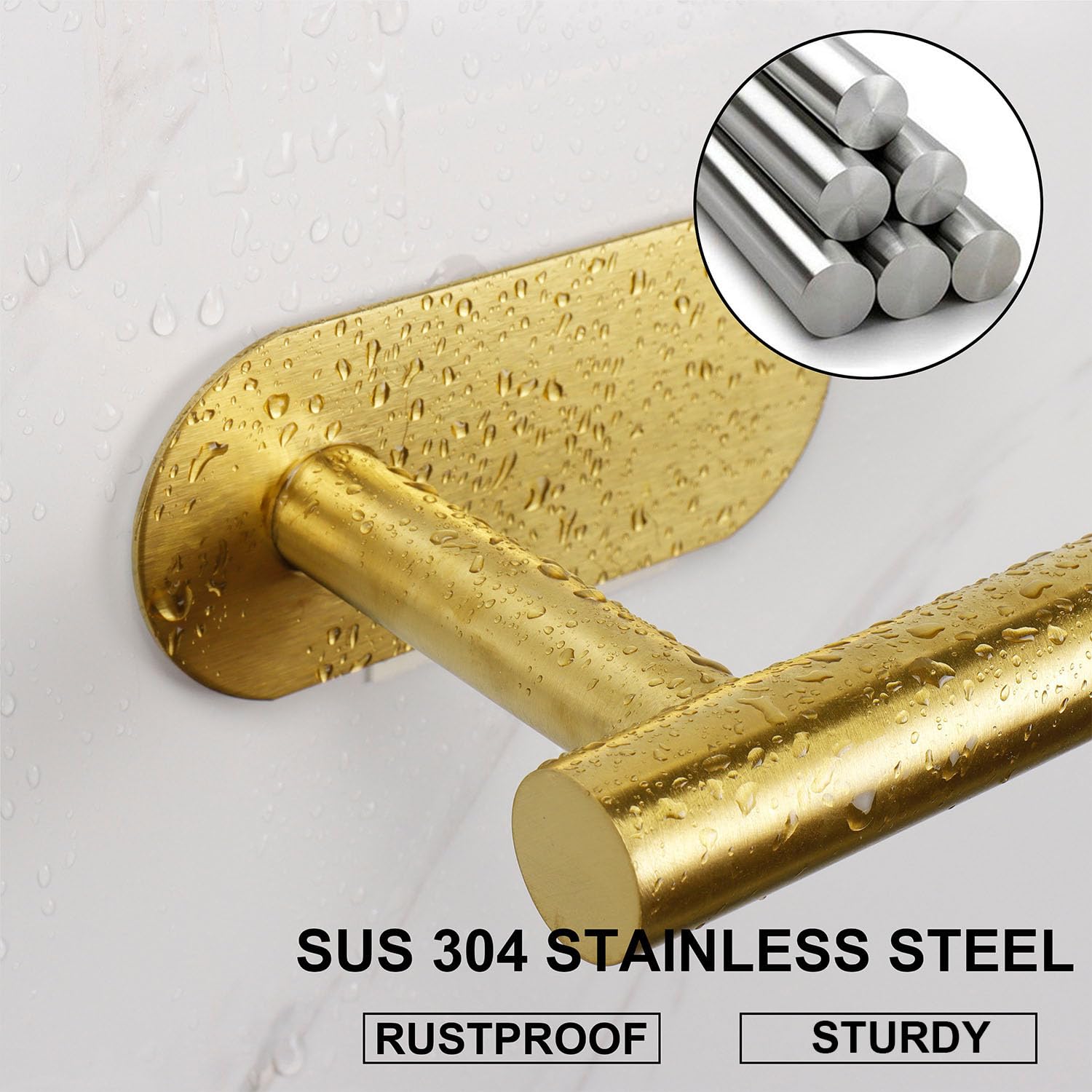 TocTen Self Adhesive No Drill Towel Bar - 16 Inch Rustproof Stainless Steel Bathroom Towel Holder - Damage-Free Easy Install Bath Towel Rack (Brushed Gold) - Perfect for Bathrooms, Kitchens & Small Spaces