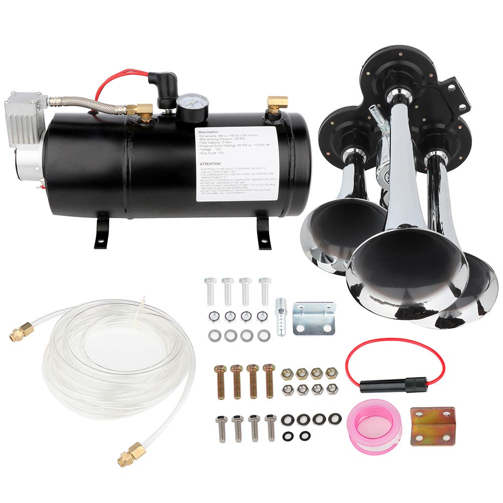 3 Trumpet Electric Train Air Horn Kit with 150 PSI Air Compressor - 12V Loud Vehicle Horn for Trucks, Cars, Boats & Motorcycles - Perfect for Emergency Alerts & Off-Road Adventures