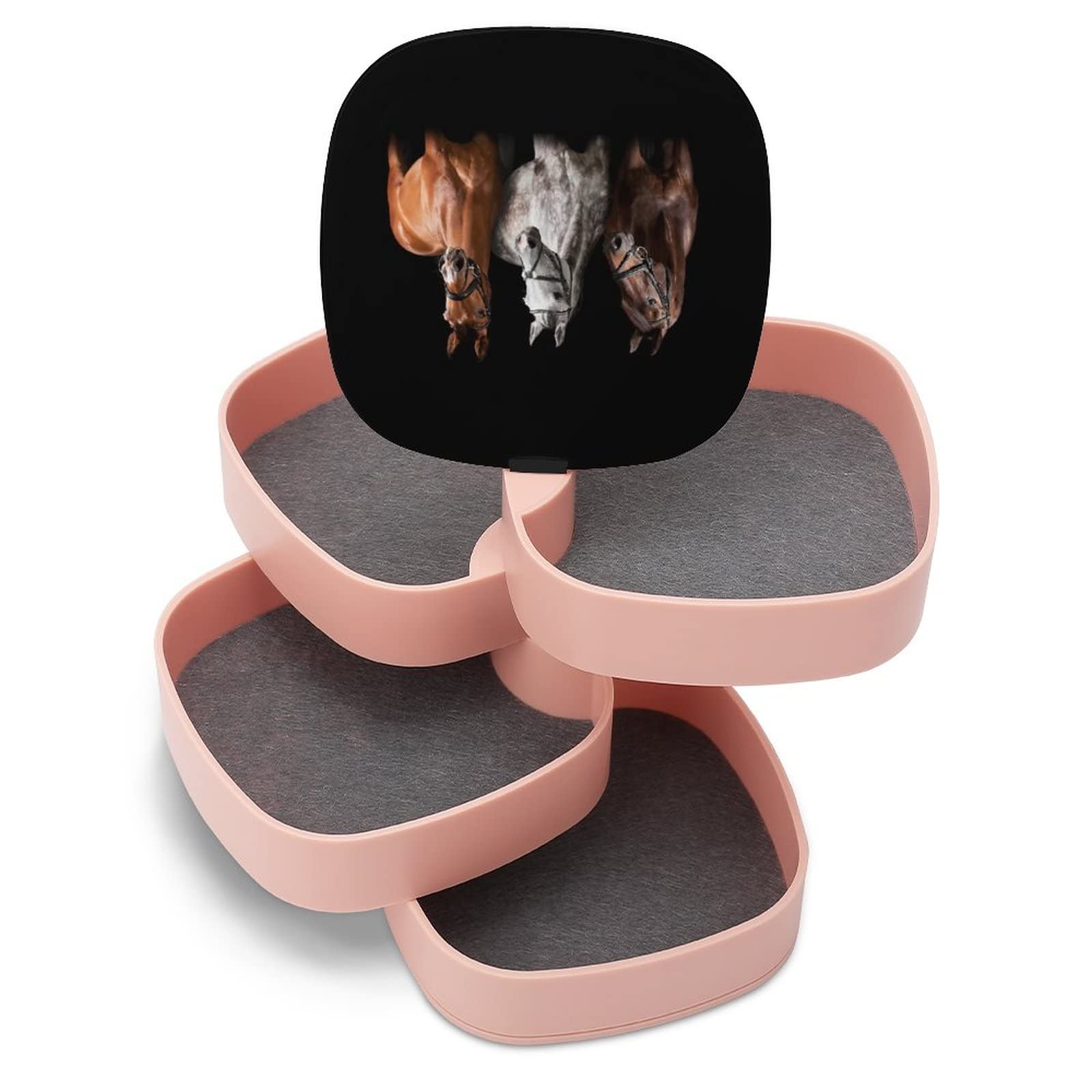 Brown & White Three Horses with Bridle Design - Black Women's Jewelry Box with Mirror, 360° Rotating 4-Layer Storage Case for Rings, Necklaces & Bracelets - Perfect for Bedroom Vanity, Dresser Organizer & Gift Giving
