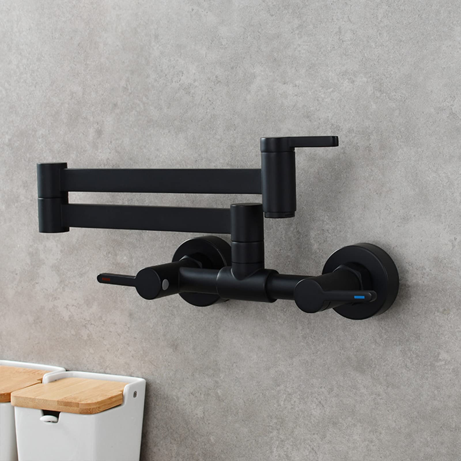 360° Swivel Folding Pot Filler Faucet - Brass Hot & Cold Kitchen Mixer Tap with 3 Handles - 2 Hole Wall Mounted Sink Faucet in Brushed Nickel - Perfect for Cooking, Baking & Filling Large Pots