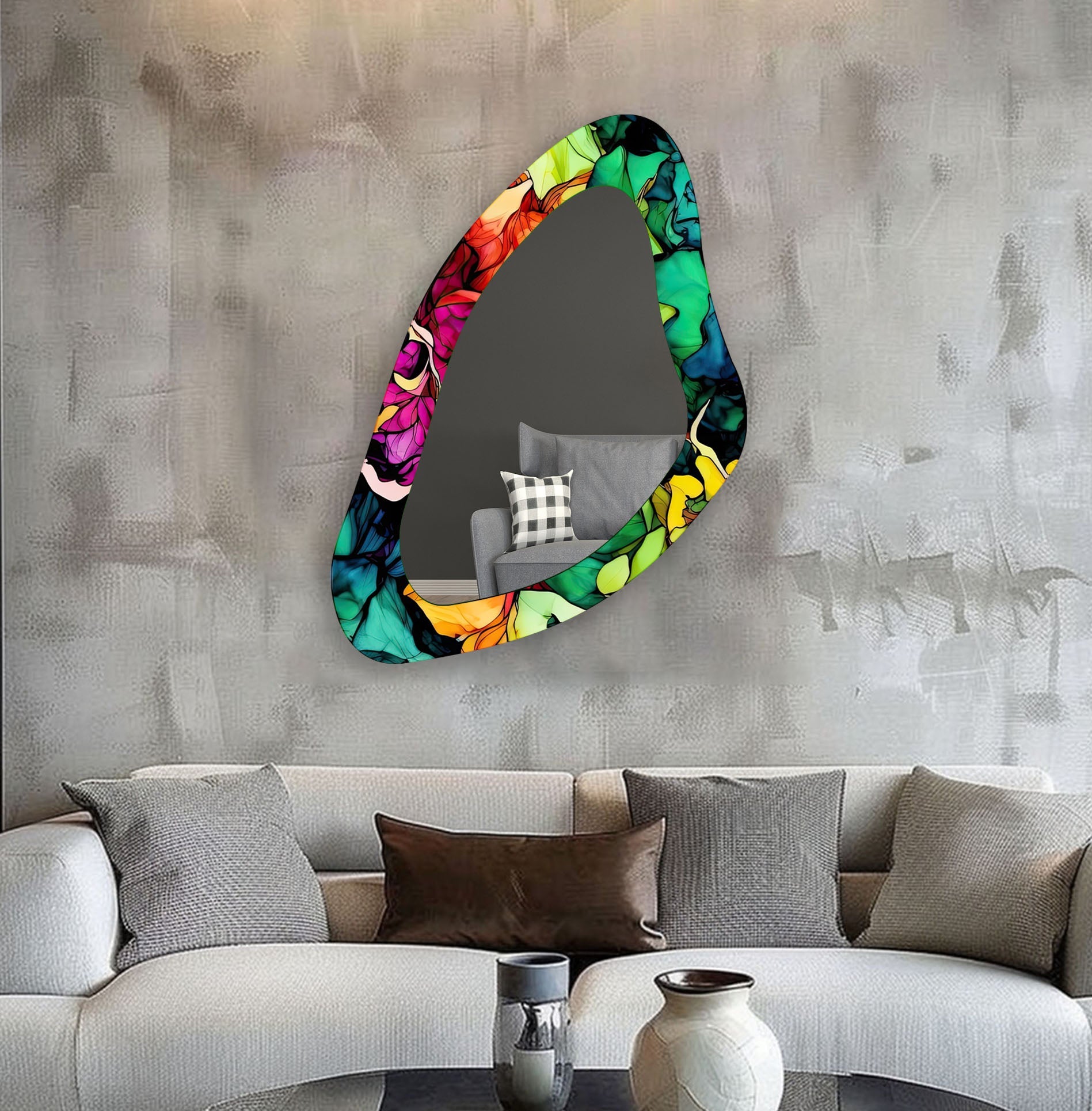 Vibrant Watercolor Asymmetrical Wall Mirror - Handmade Boho Decor for Living Room, Bedroom & Entryway - Unique Statement Piece for Home Decor