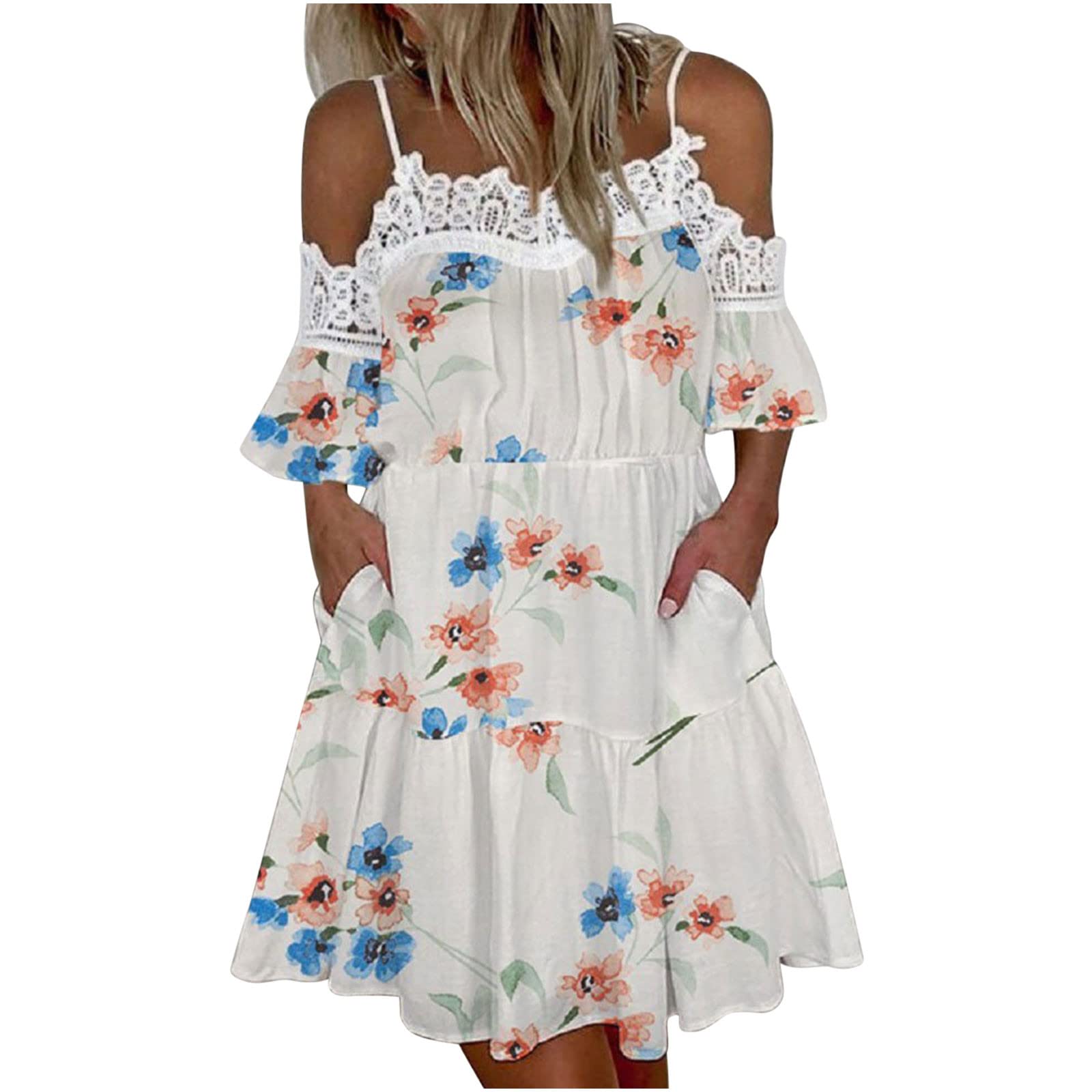 Sexy Floral Print Spaghetti Strap Off-Shoulder Dress for Women - Lace Splicing Short Sleeve Swing Dress for Summer Beach Party, Date Night & Vacation