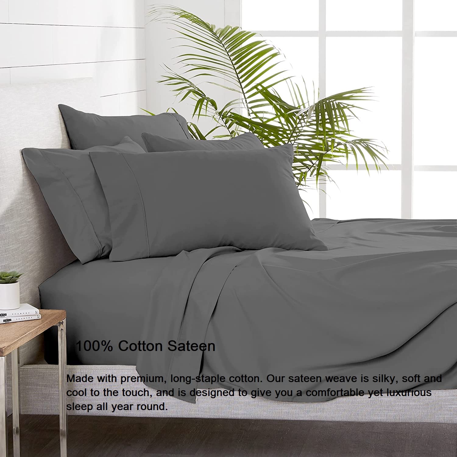 Premium 600 Thread Count 100% Egyptian Cotton Split King Sheet Set - 6 Piece Dark Grey Luxury Bedding for Adjustable Beds (Fits Up to 15