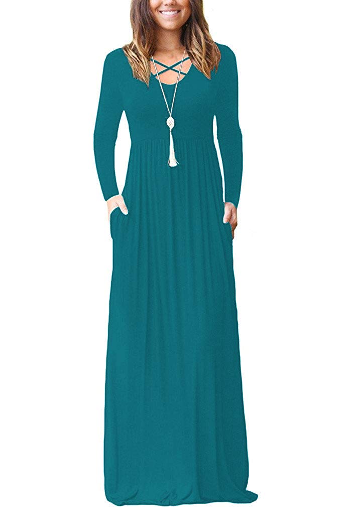 LILBETTER Women's Long Sleeve Loose Plain Maxi Dress with Pockets - Casual Elegant Flowy Midi Dress for Everyday Wear, Date Night & Vacation Outfits