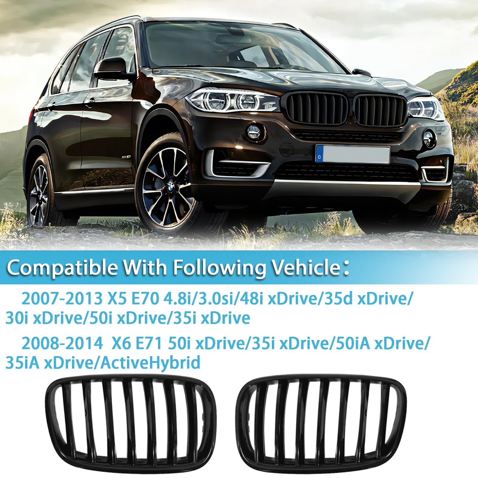 Gloss Black Front Grill Replacement for BMW X5 E70 (2007-2013) & X6 E71 (2008-2014) - Mesh Single Slat Kidney Grille with Side Fender - Perfect Upgrade for Enhanced Style & Protection