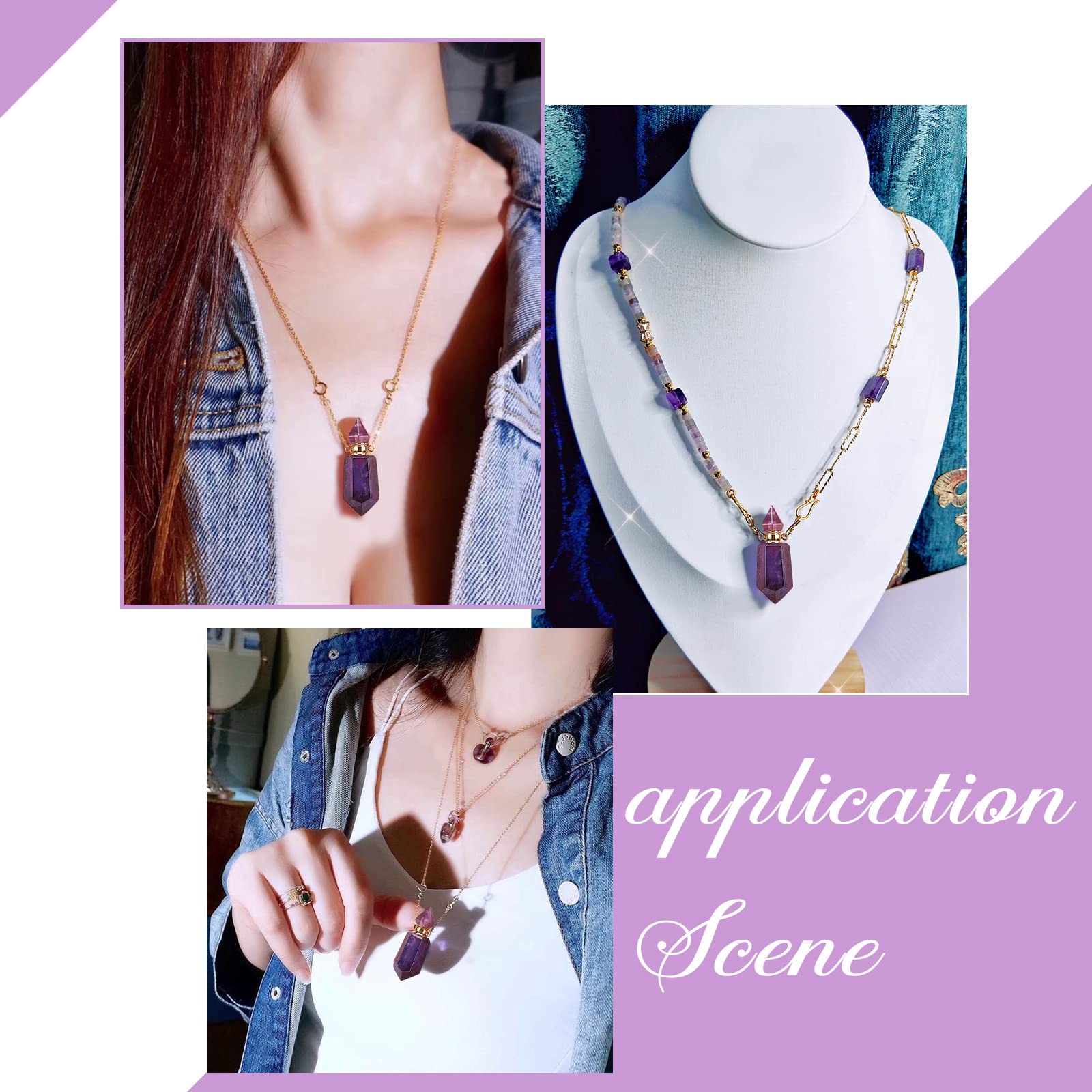 Natural Amethyst Stone Essential Oil Diffuser Pendant Necklace - 19.29 Inch Gold Chain Perfume Bottle Jewelry for Women | Aromatherapy, Spiritual Healing & Unique Gift Idea