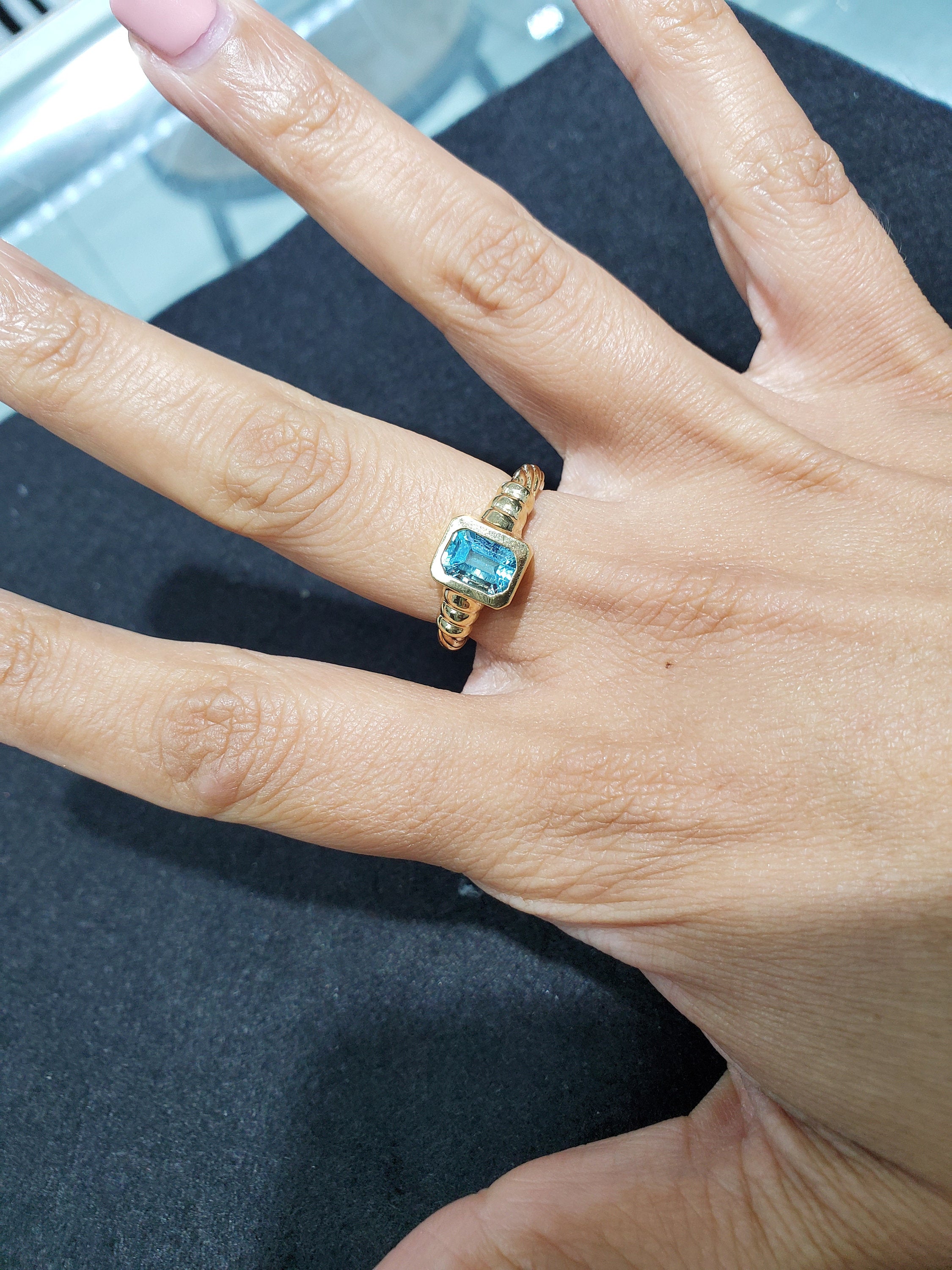 Emerald Cut Blue Topaz Solitaire Ring with Rope Band - Elegant Engagement, Wedding, or Anniversary Jewelry Gift for Women