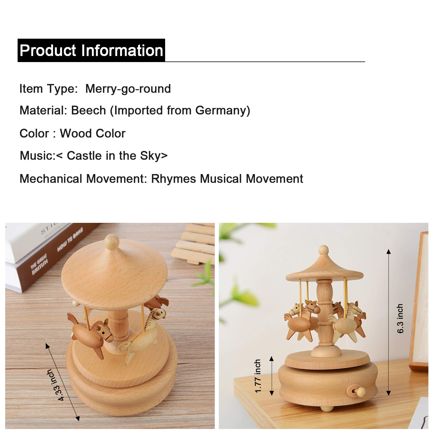 Beautiful Wooden Merry-Go-Round Music Box - Plays Canon in D - Perfect Valentine's Day, Birthday & Travel Gift for Girls & Women - Romantic Home Décor & Special Occasion Present