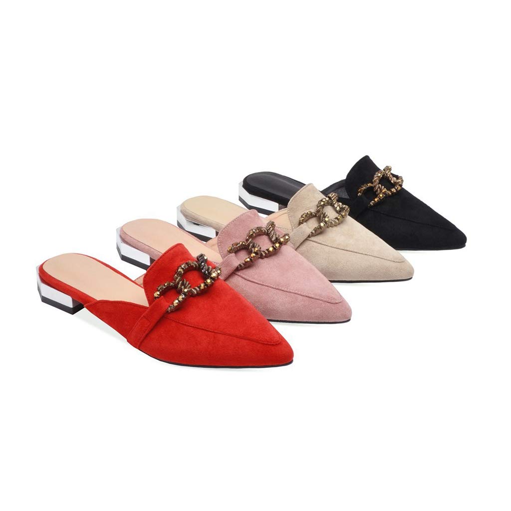 Mioke Women's Pointed Toe Buckle Mules - Flat Slip On Backless Loafers with Low Heel - Comfortable Dress Slippers for Work, Office & Casual Wear (Pink)