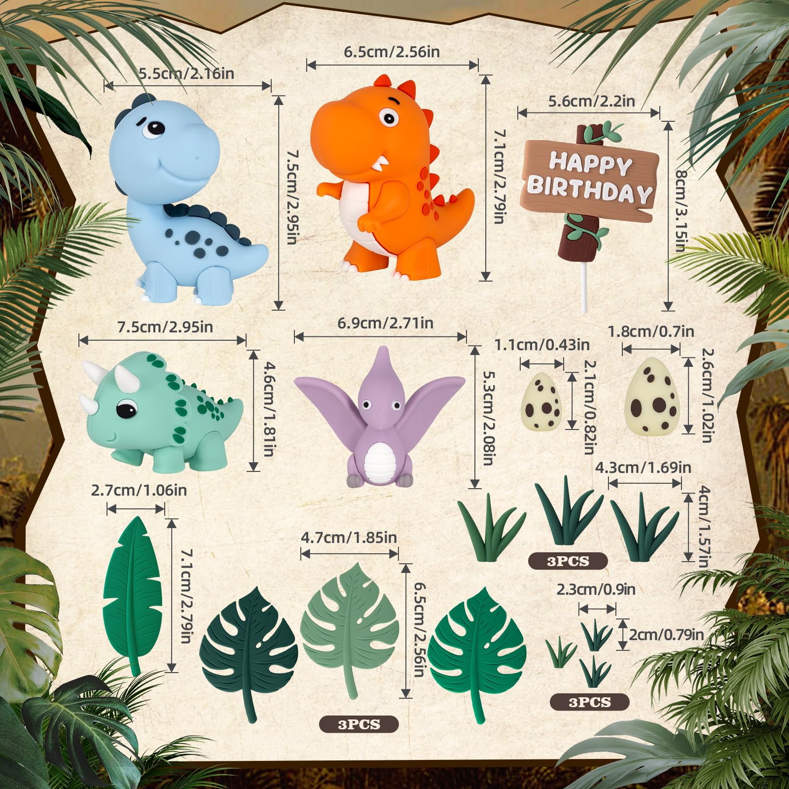 17PCS Dinosaur Cake Topper Set - Dinosaur Eggs, Leaves & Grass Decorations with Happy Birthday Sign - Safari Animal Theme Party Supplies for Birthday Cakes, Cupcakes & Desserts - Perfect for Kids Birthday Parties, Baby Showers & Jurassic Themed Events