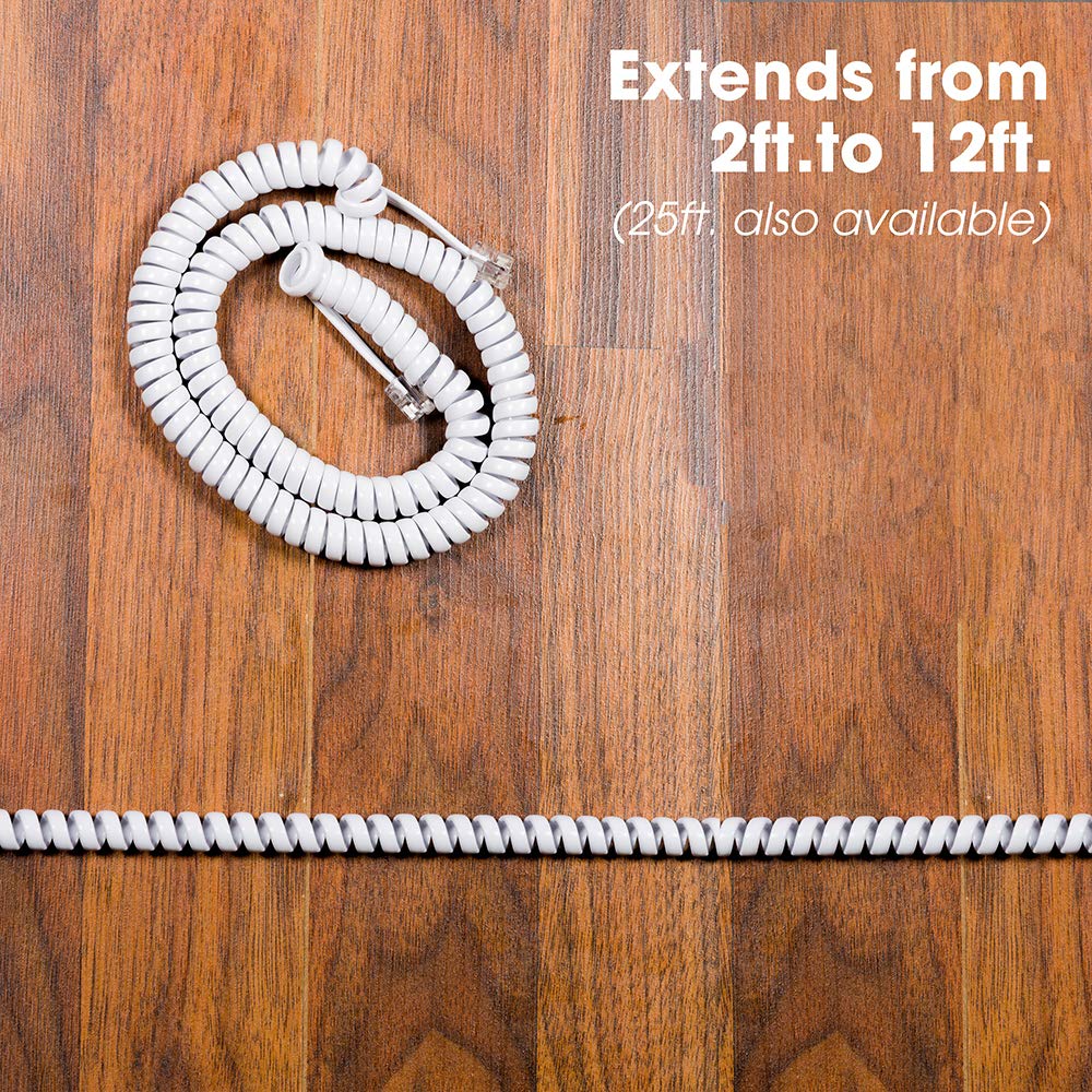 12ft Power Gear Coiled Telephone Cord - Compatible with All Corded Landline Phones - Durable White Phone Cable (27640) for Home & Office Use - Perfect for Desk Phones, Call Centers, and Reception Areas