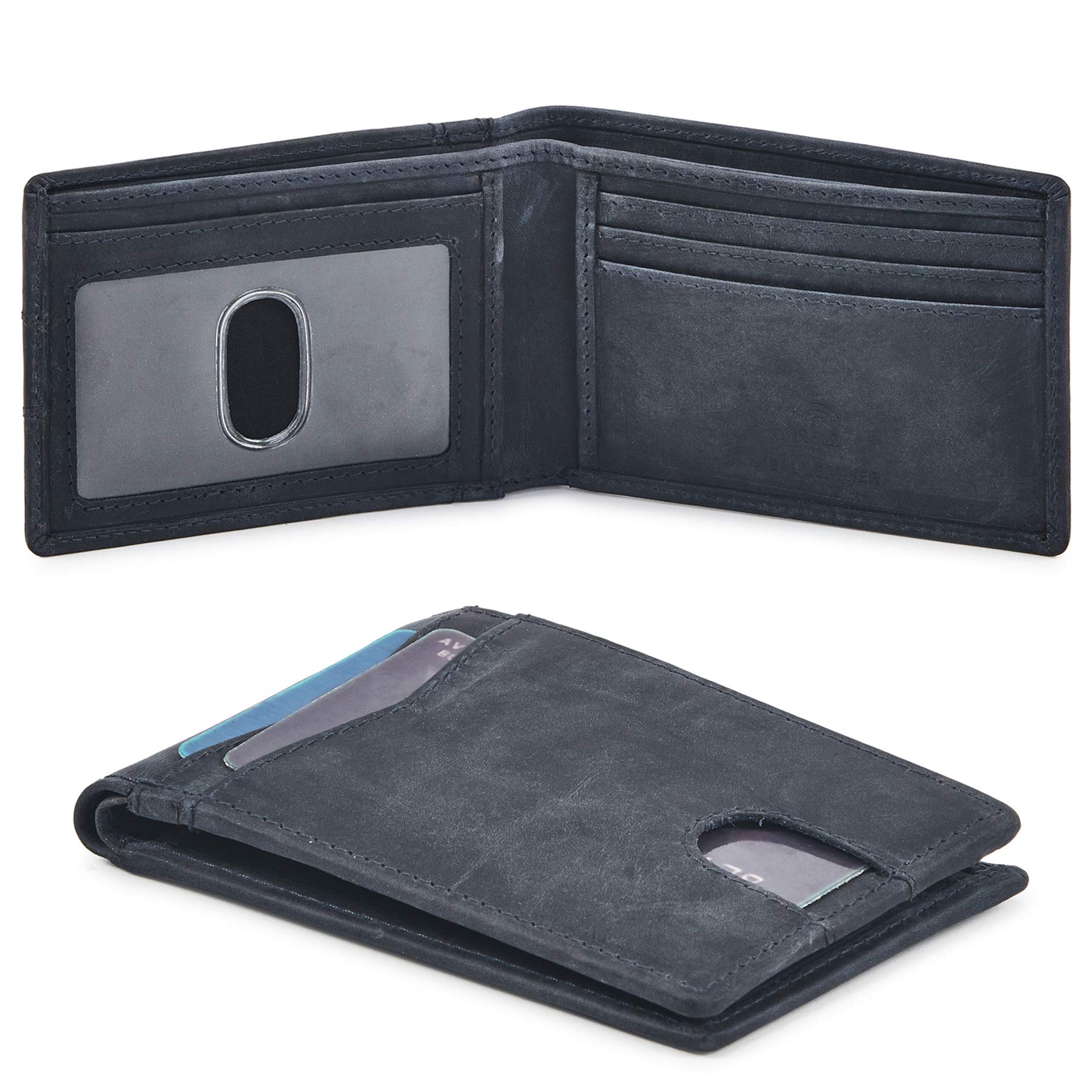 Men's Genuine Leather Bifold Wallet - Slim RFID Blocking Front Pocket Minimalist Design with ID Window | Gift Box Included (Crazy Horse, Navy) | Perfect for Everyday Carry, Travel & Business Use
