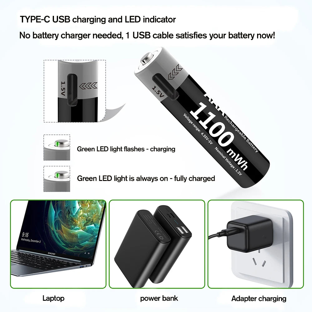 MATOV USB Rechargeable AA & AAA Lithium Ion Batteries - 3400mWh 1.5V AA Battery + 1100mWh 1.5V AAA Battery Pack for Cameras, Flashlights, Toys & Electronics