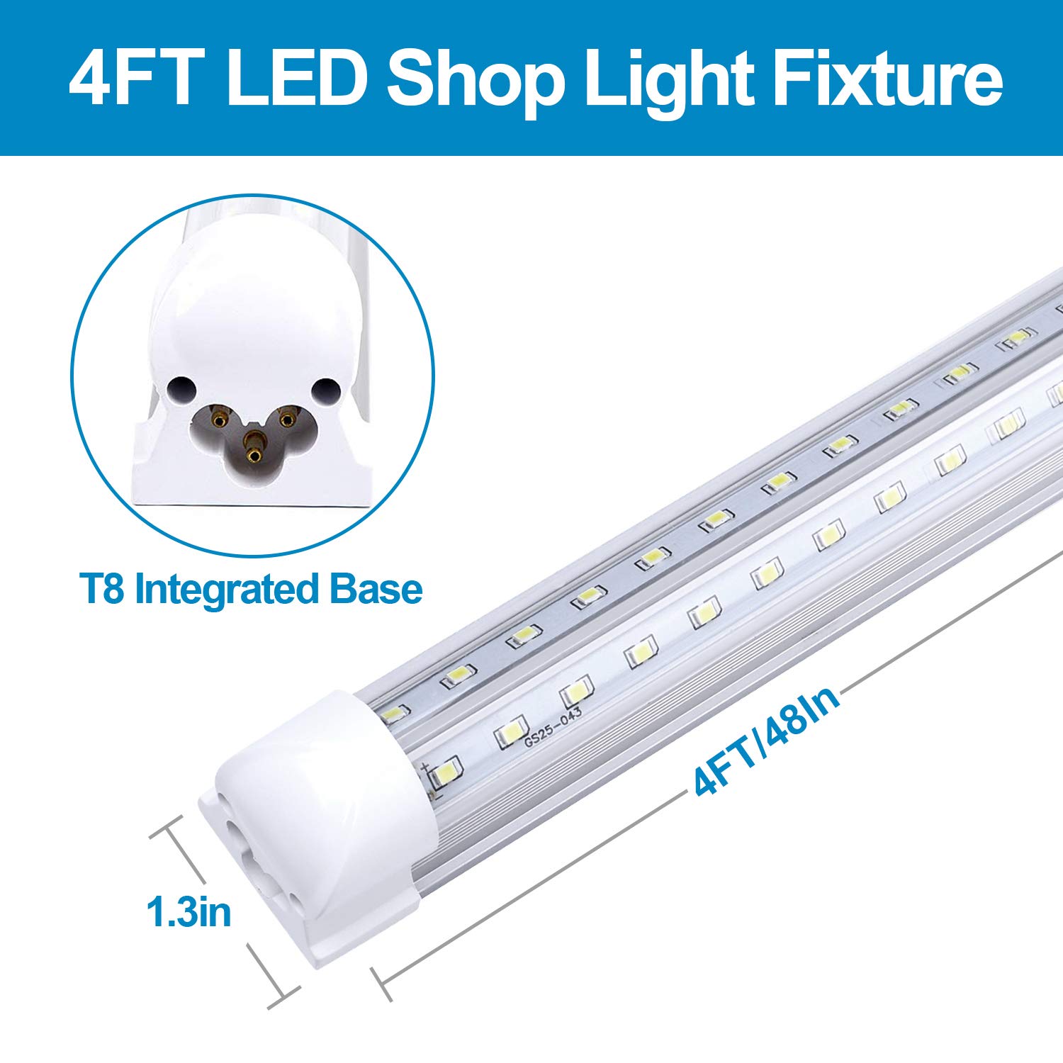 4ft LED Shop Light - 36W V-Shape T8 LED Tube Fixture with Clear Cover, 6000K Cool White - Energy Efficient Lighting for Garage, Warehouse, Workshop & Coolers (25-Pack) | Durable Commercial Grade Lighting Solution | Ships from USA