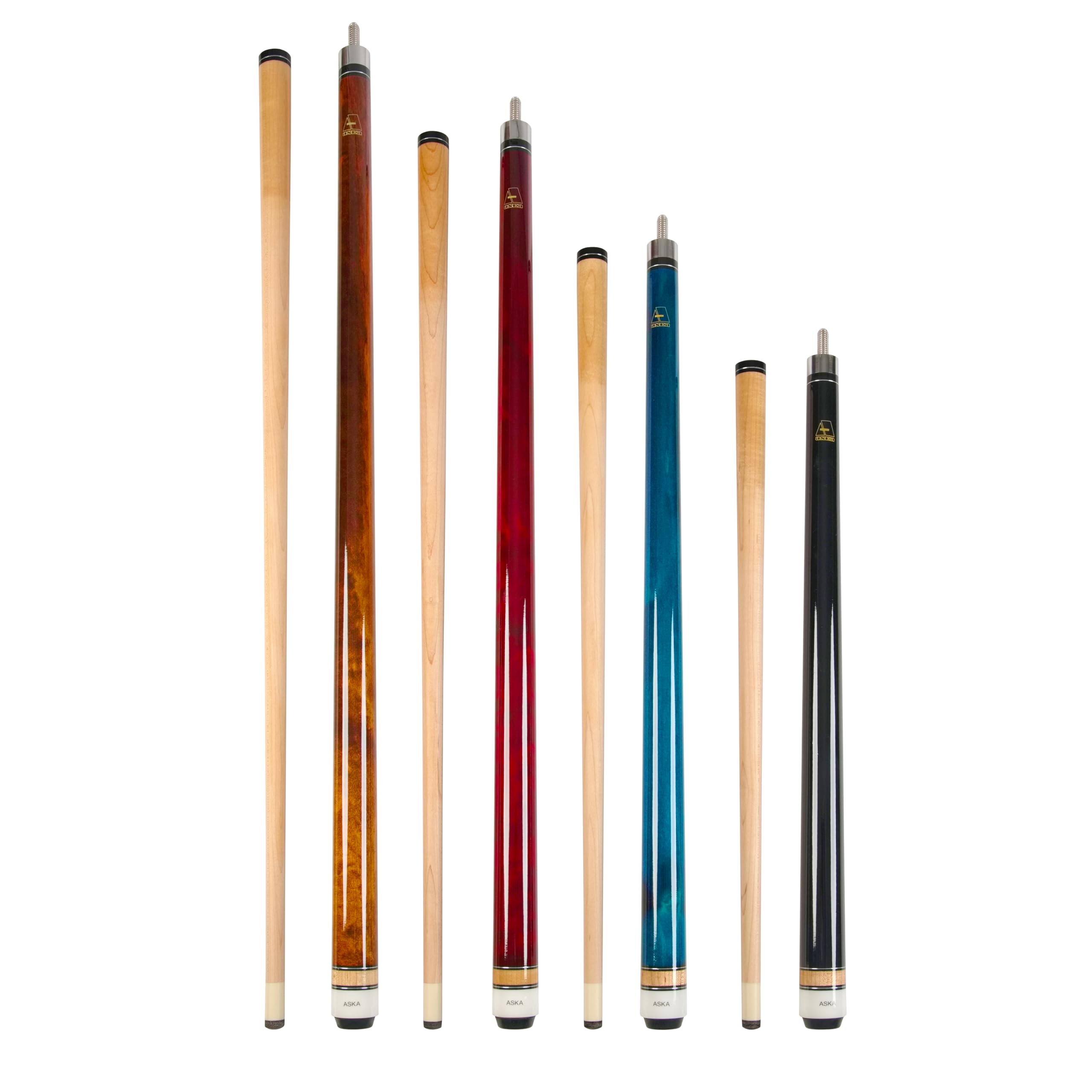Premium Set of Aska Mixed Length Pool Cues - Canadian Hard Rock Maple Billiard Sticks for Adults & Kids - Perfect for Home Game Rooms, Bars, and Family Entertainment