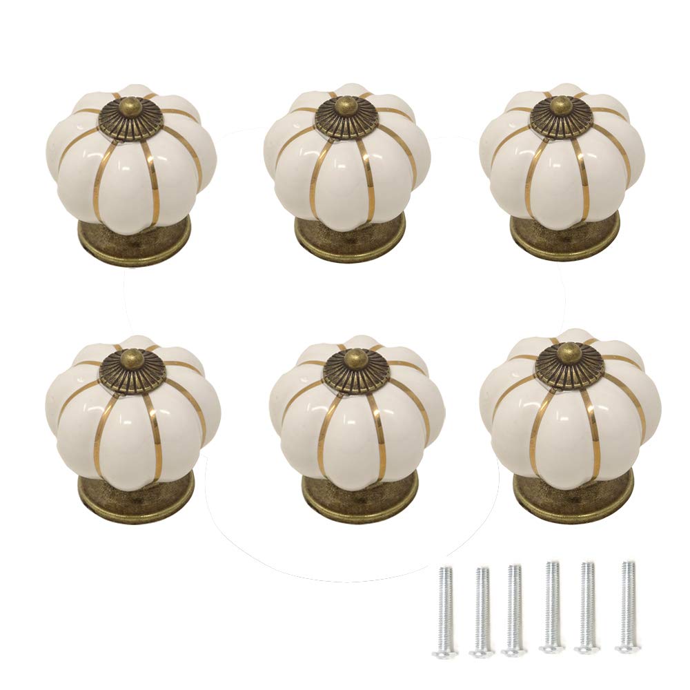 6Pcs Antique Brass Pumpkin Knobs - Vintage Ceramic Handles for Kitchen Cabinets & Dressers