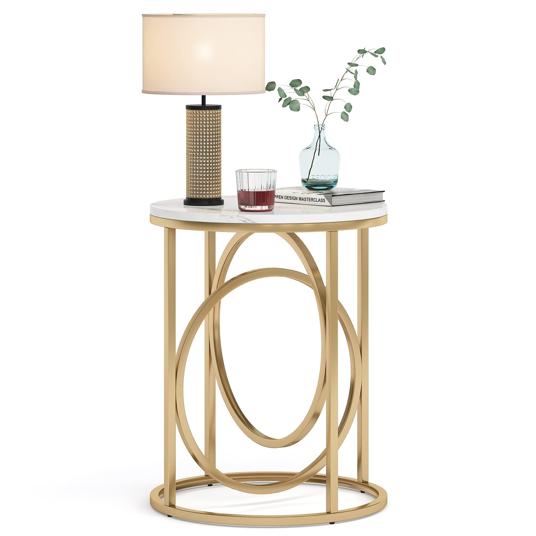 Tribesigns Round Marble End Table with Gold Metal Frame - Modern Side Table for Living Room, Bedroom, Office - Perfect as Sofa Table, Nightstand or Accent Table (White & Gold)