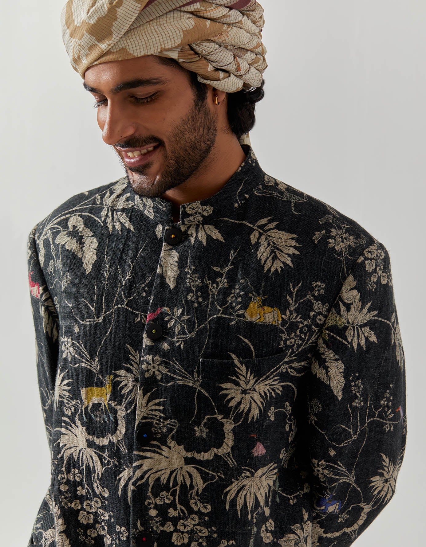 Premium Black Bandhgala Jacket for Men - Heavy Linen Fabric with Rainforest Design - Perfect for Weddings, Parties & Formal Occasions