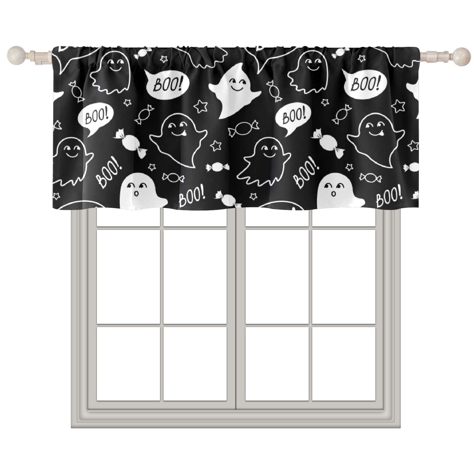 24x52 Inch Rod Pocket Window Valance - Elegant Kitchen & Living Room Curtain Topper for Bedroom, Halloween Ghosts Boo Theme | Perfect for Seasonal Decor, Home Staging & Window Treatments